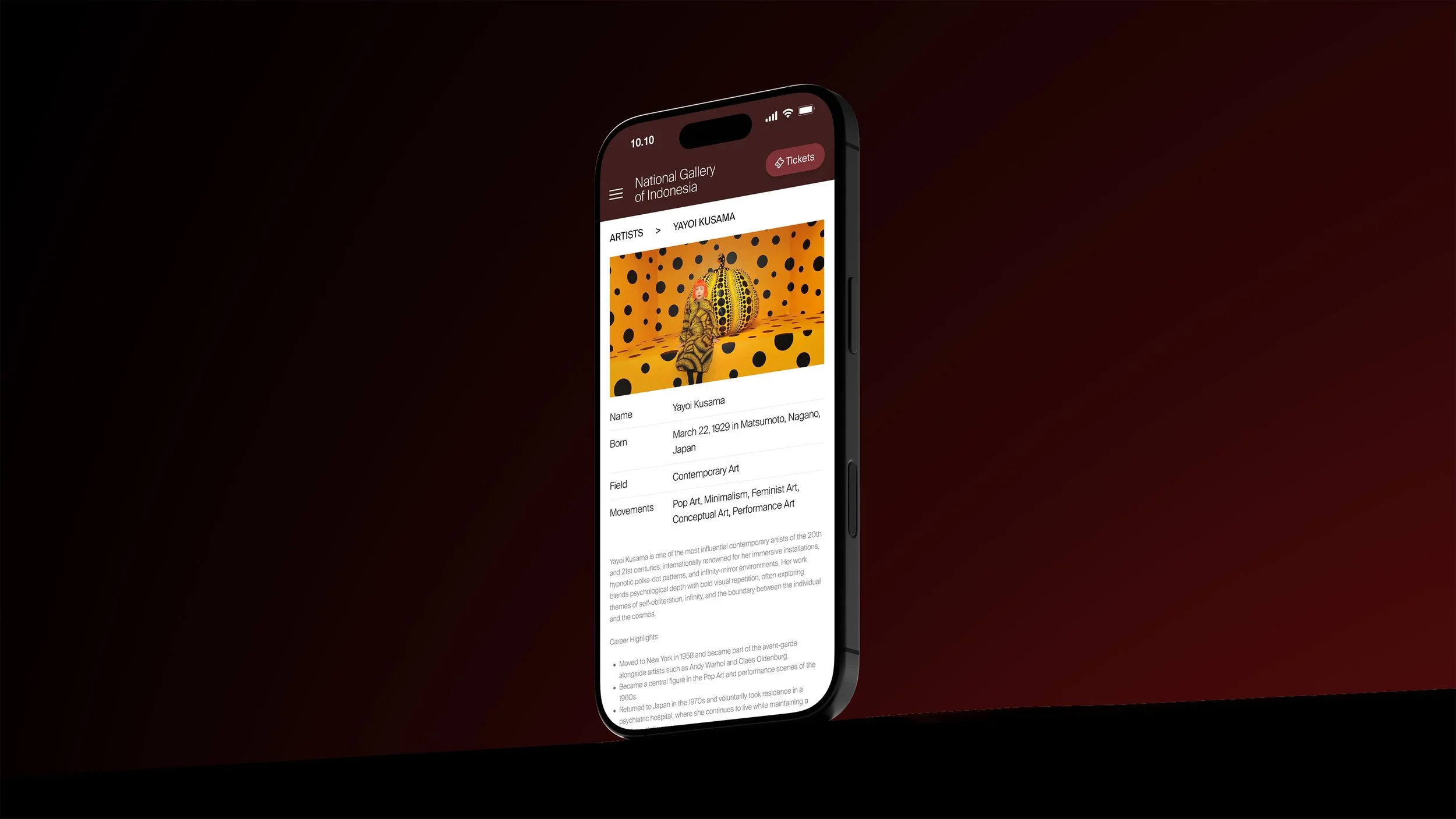 A smartphone displaying an art gallery app featuring Yayoi Kusama with an artwork in a yellow and black polka dot background.