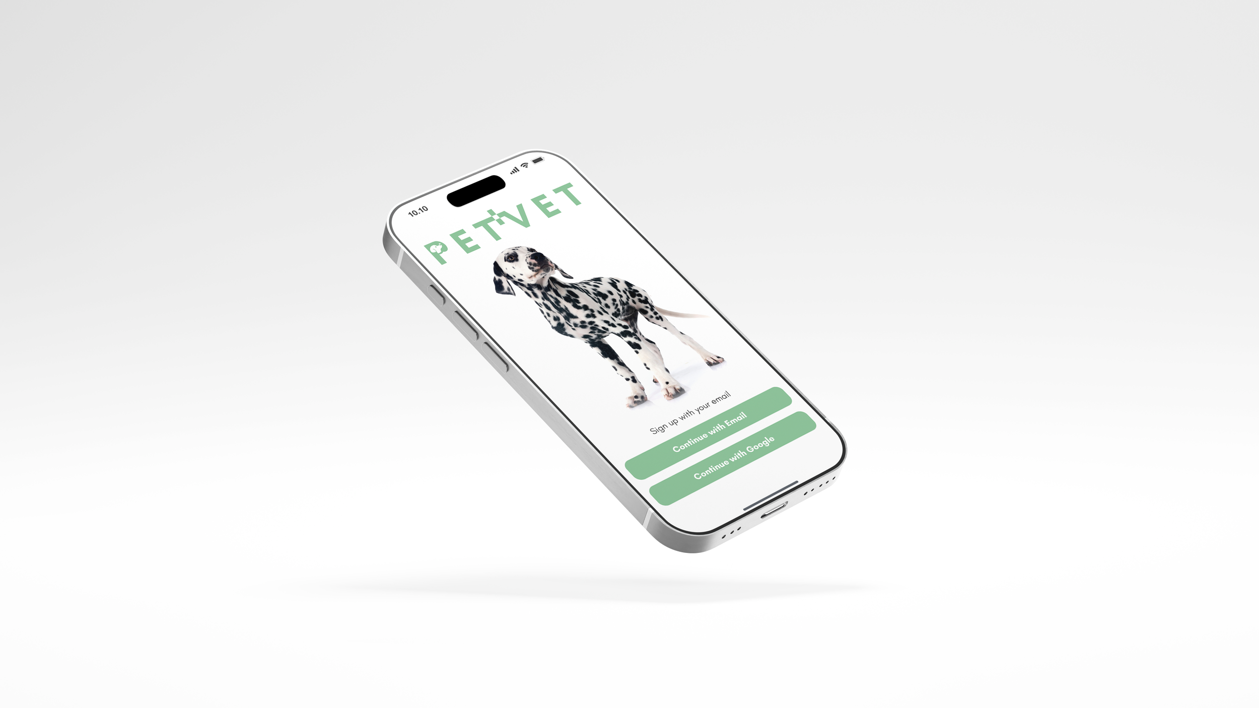 Smartphone displaying the PetVet app with an image of a Dalmatian puppy on the screen, featuring options to sign up with email or continue with Google.