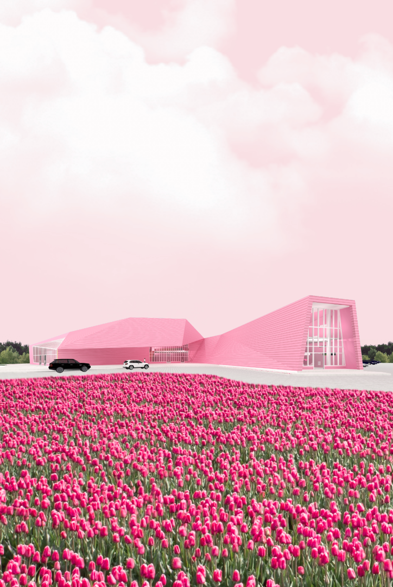 A modern building with pink walls surrounded by a field of pink tulips under a pink sky with clouds.