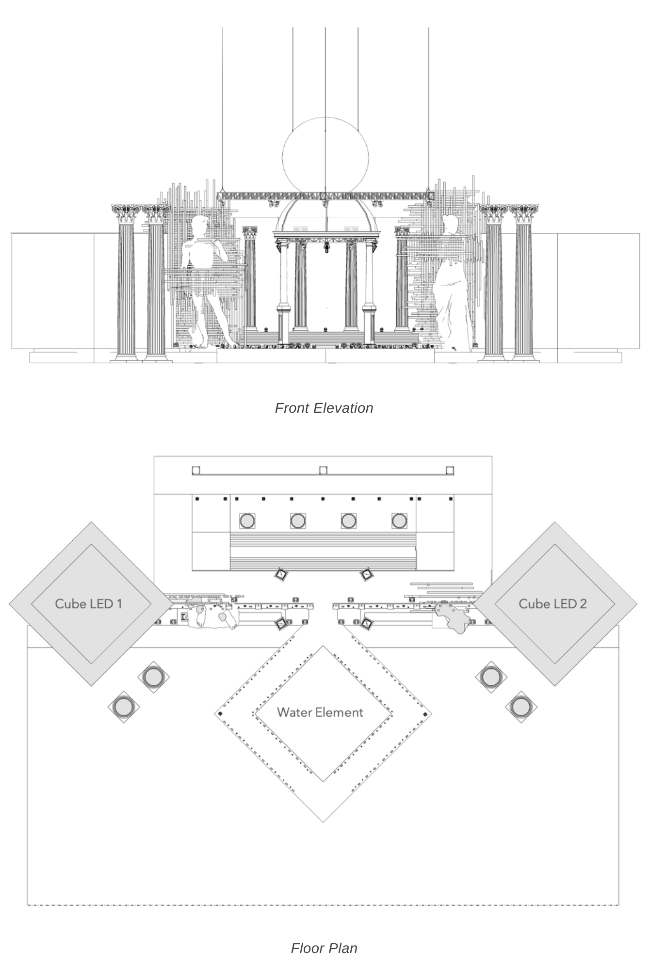 Architectural drawing showing a front elevation and floor plan of a stage setup with columns, statues, and lighting elements, including LED cubes, water feature, and lighting fixtures.