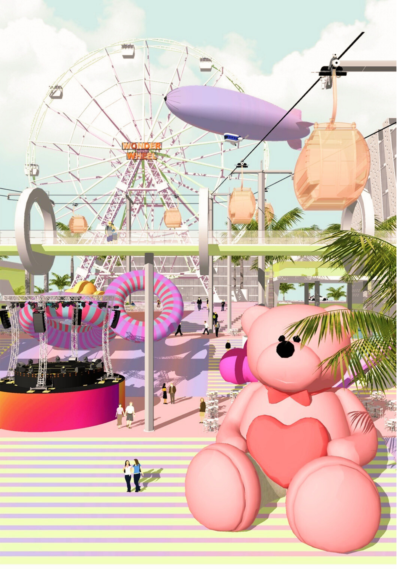 Colorful amusement park with a large Ferris wheel, various rides, a stage with lighting, and a giant pink teddy bear sitting on a striped ground.