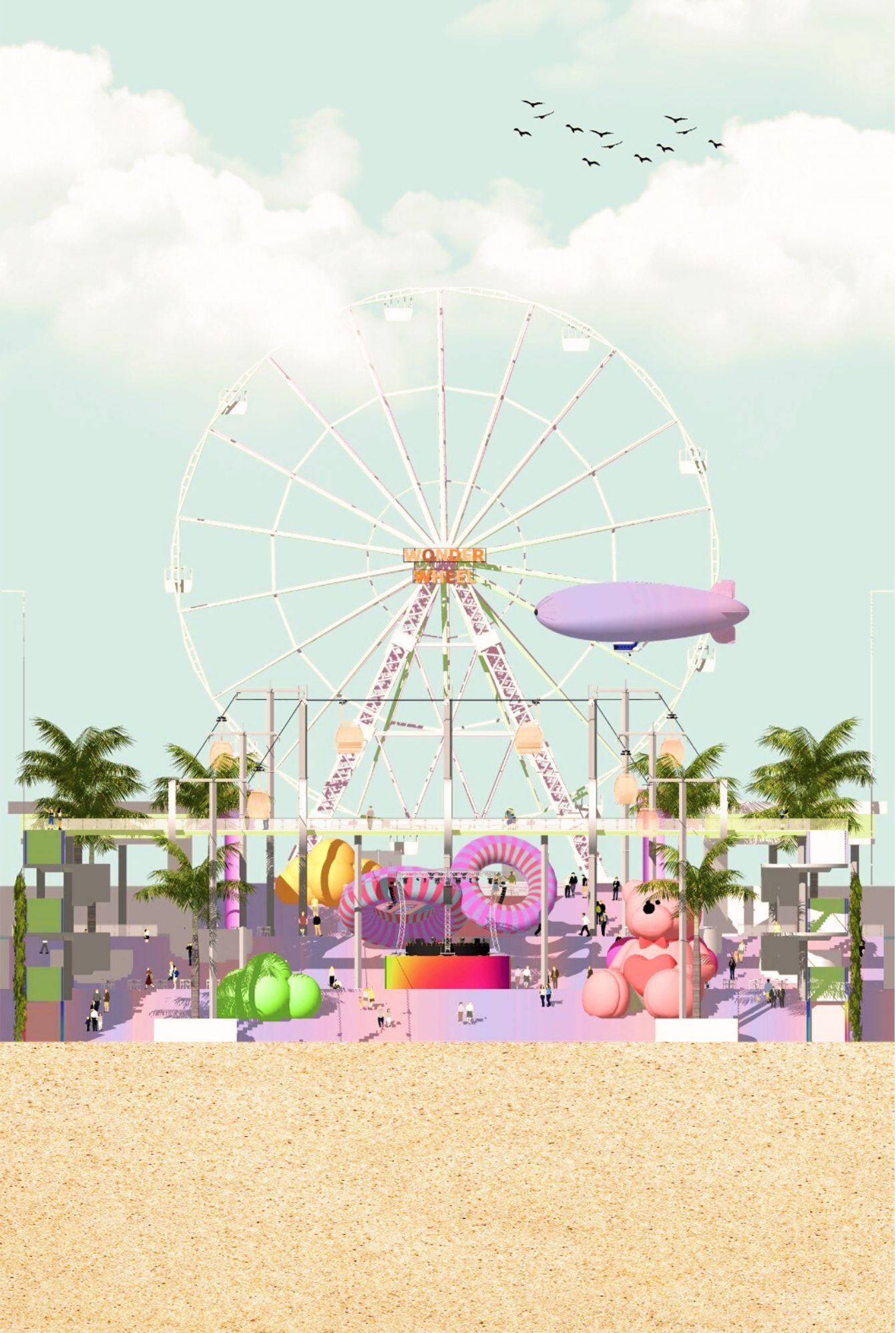 A digitally illustrated amusement park with a large white Ferris wheel labeled "Wonder Wheel" and other attractions, including a pink bubble-shaped ride, palm trees, and visitors walking around. A purple blimp hovers near the Ferris wheel. The sky is light blue with scattered clouds and birds flying.