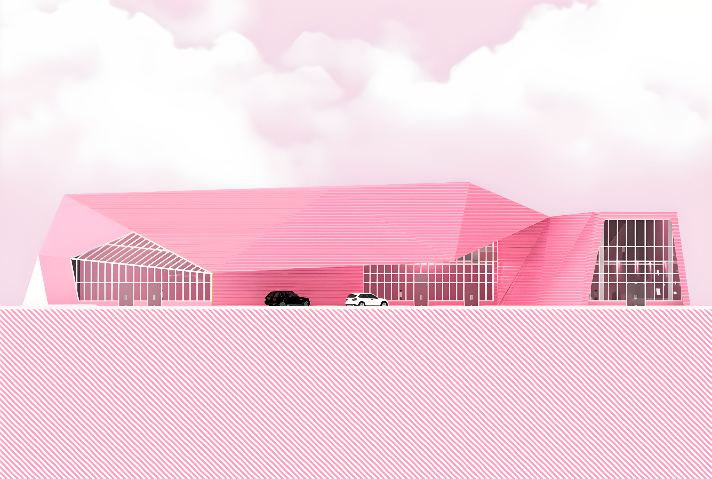 Modern pink building with large glass windows and sloped roof, three cars parked in front, cloudy sky in the background.