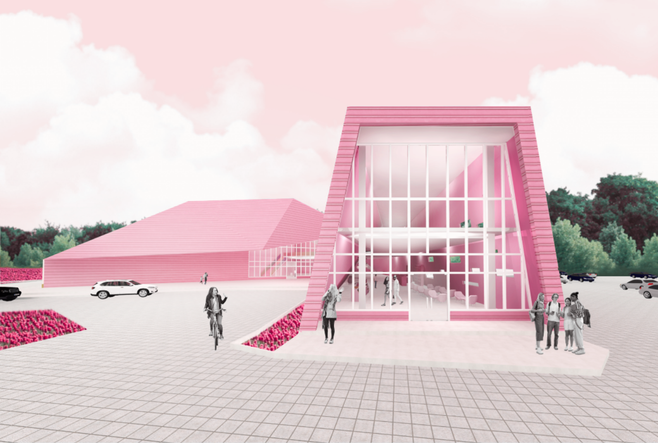 Render of a modern pink building with large glass windows, people walking and biking outside, and a parking lot with cars, surrounded by pink flower beds and green trees in the background.