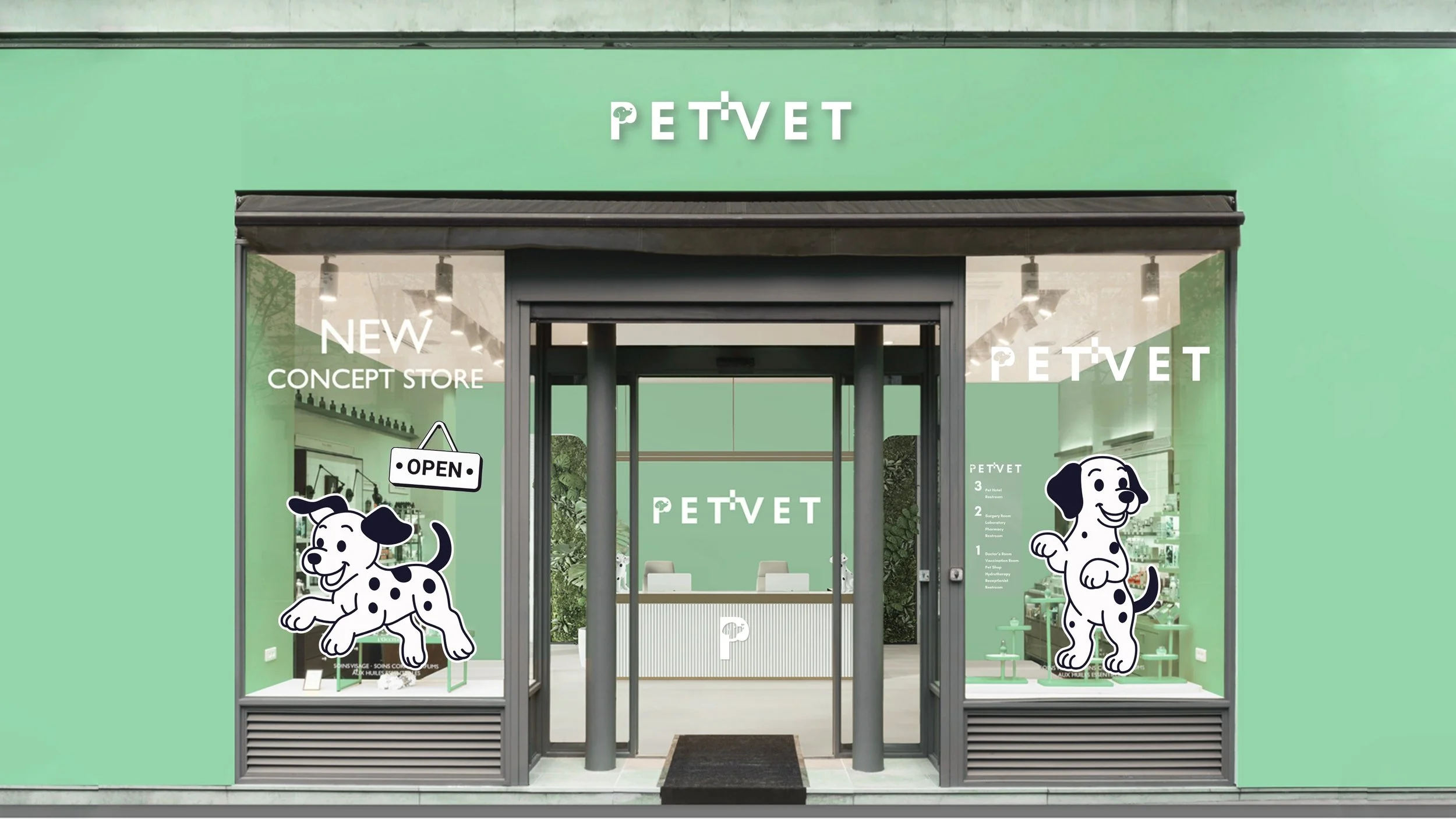 Green pet store storefront with large glass windows and door. Two cartoon Dalmatian dogs on windows, one with an 'OPEN' sign, and store signage including PETVET and 'New Concept Store' in the windows.