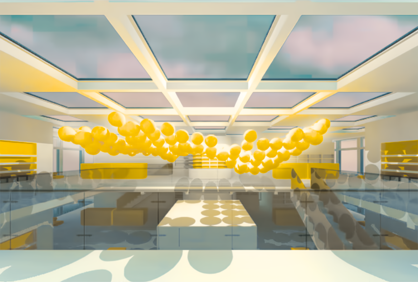 A modern interior space with a high ceiling, yellow sofas, and a large yellow balloon installation in the center.