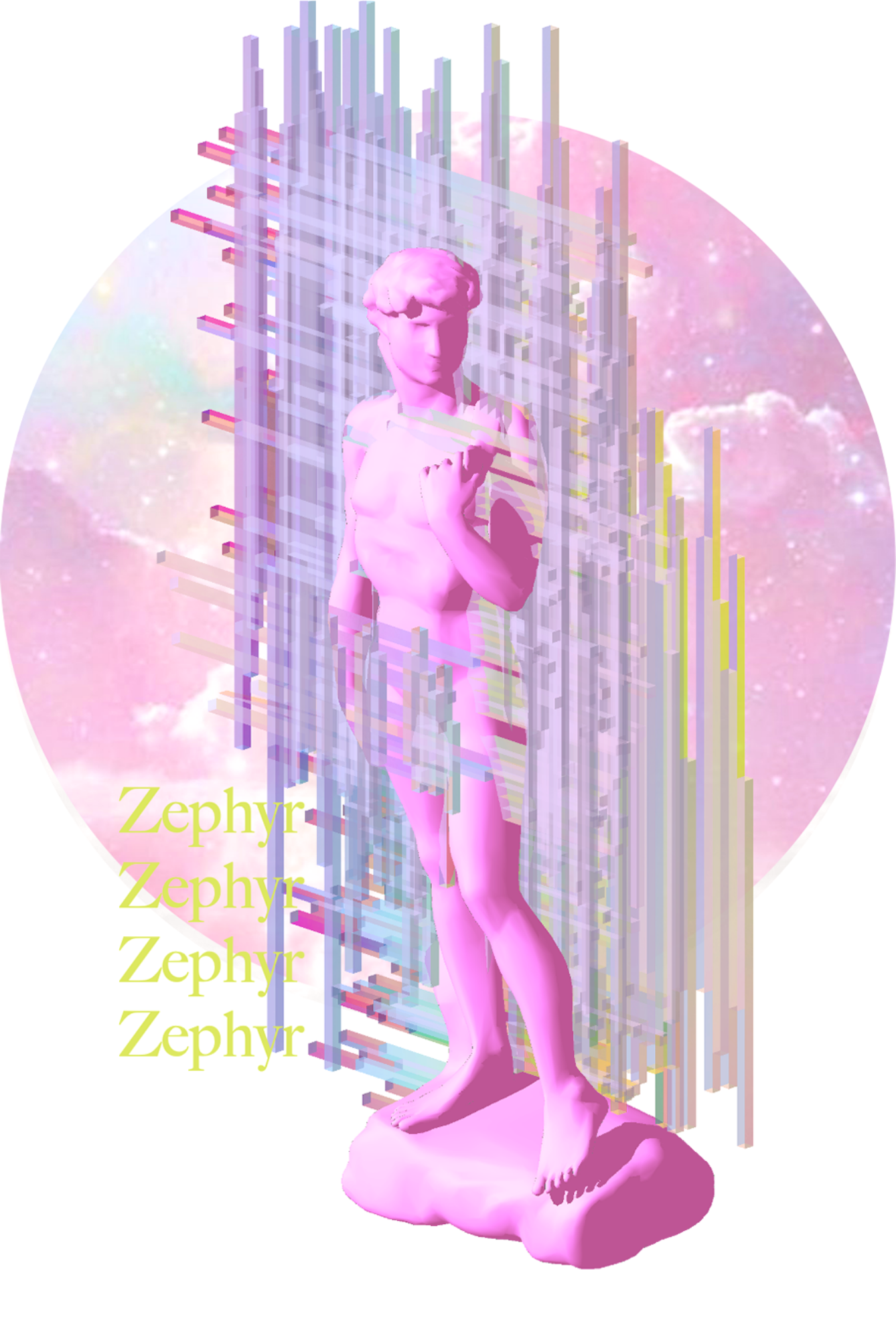 A pink sculpture of a classical statue of a woman, set against a pastel pink and purple cosmic background, with digital glitch effects and the word 'Zephyr' repeated four times in yellow text.