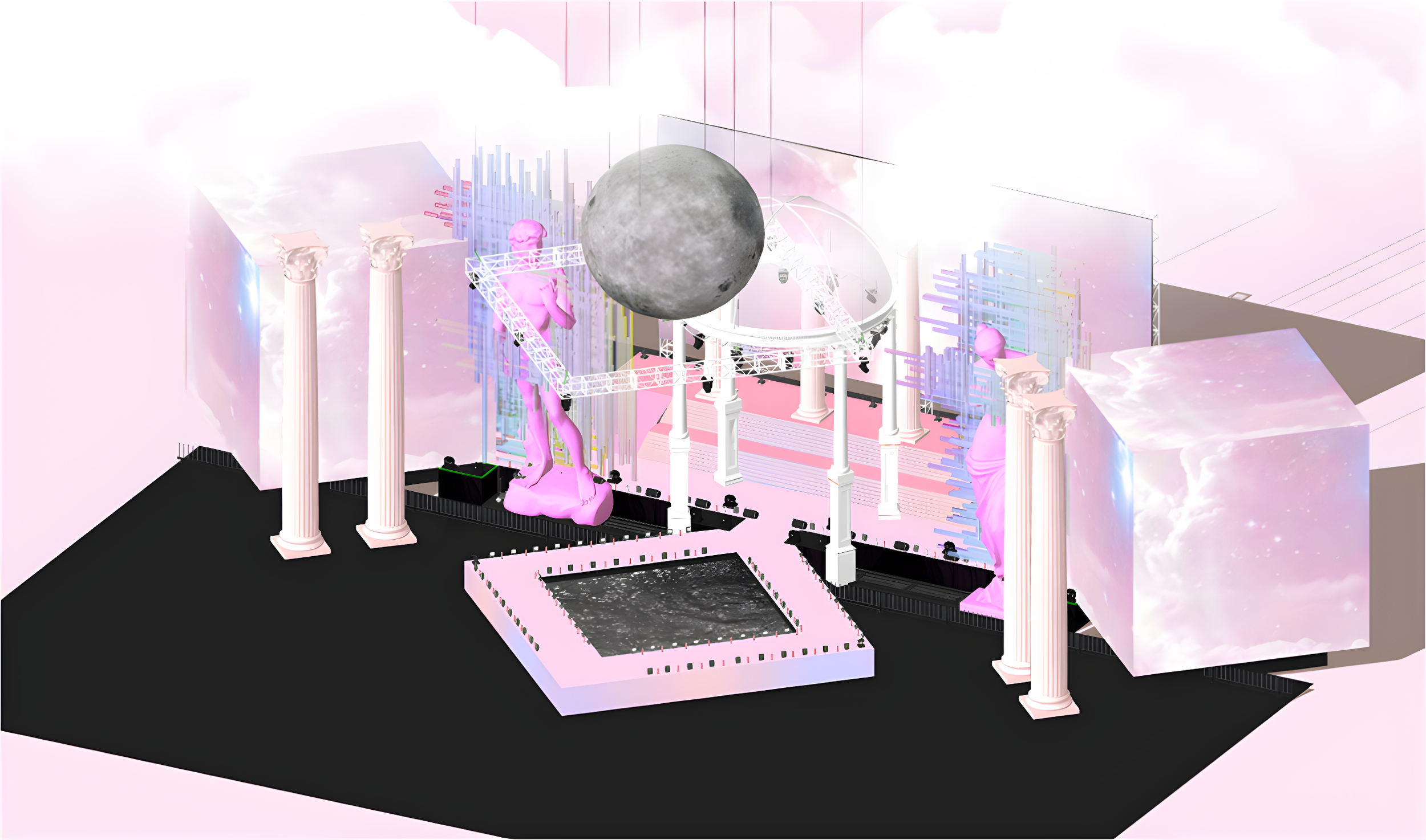 A surreal stage setup with pink and white clouds, classical columns, and statues draped in pink fabric, featuring a large central moon and digital-like structures with colorful bars and screens.