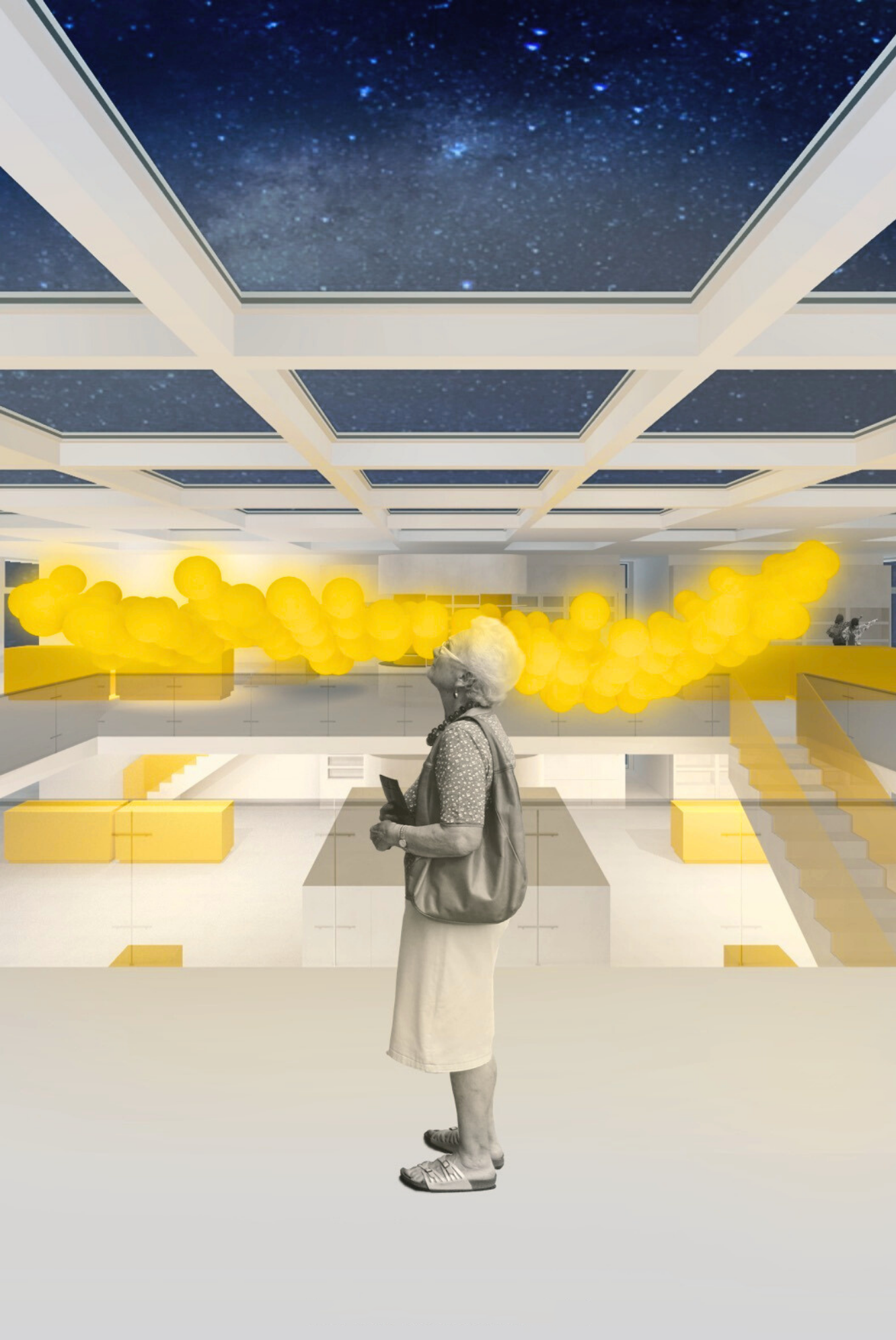An elderly woman with white hair standing in a modern, brightly lit space with a ceiling featuring a starry sky and yellow cloud-like installation in the background.