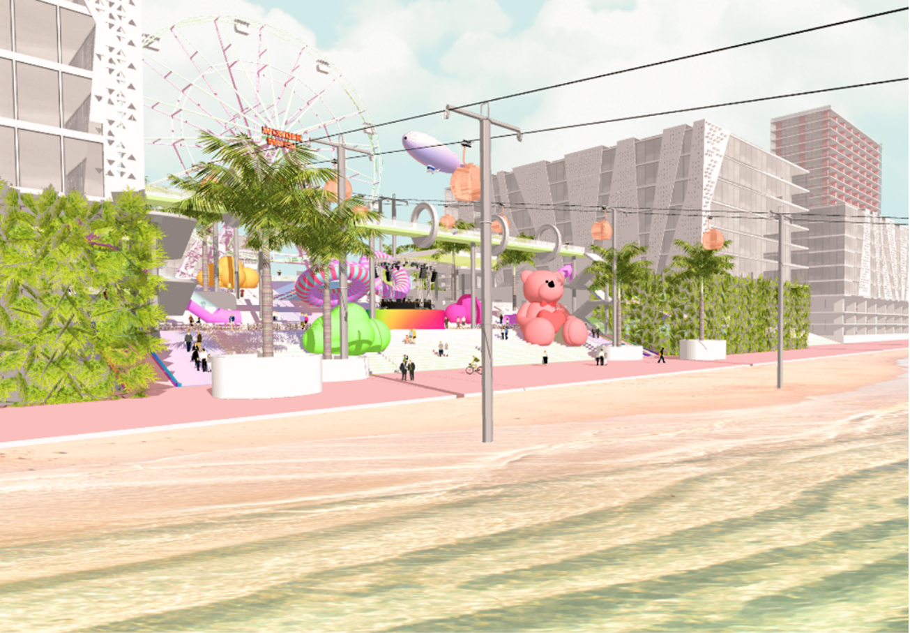 Colorful amusement park with a Ferris wheel, large pink and green bear sculptures, palm trees, and modern buildings near a beach.