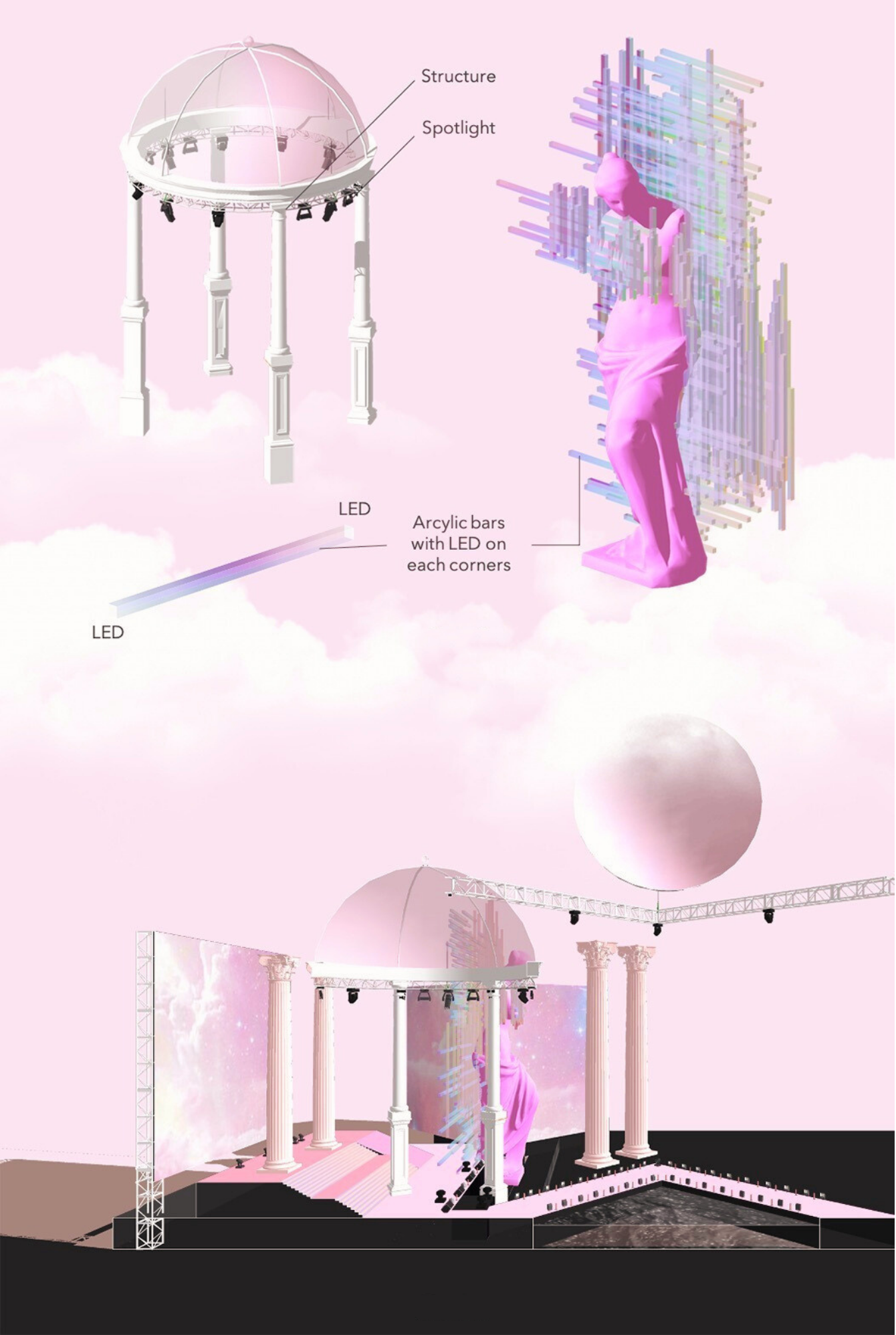 Design diagram of a stage setup featuring a circular structure with a spotlight and LED lighting, a pink sculpture of a woman standing among abstract vertical bars, columns, a large backdrop with space imagery, and a spherical object above stage, all in pastel pink and purple tones.