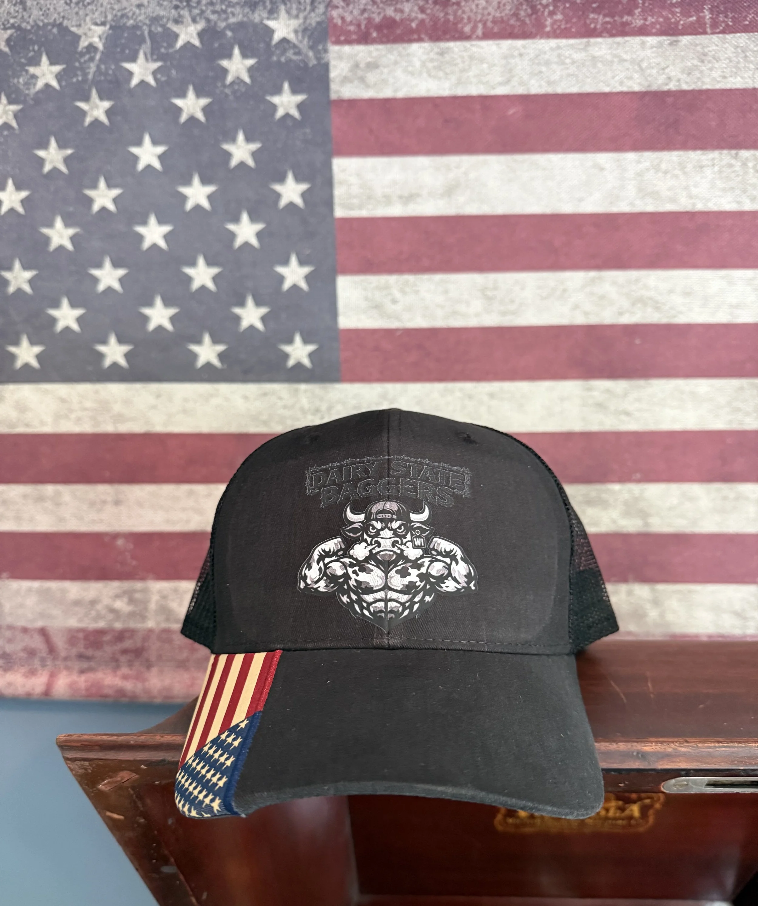 Dairy State Baggers Flexing Bull & Barbed Wire Adjustable Hat with Flag on brim