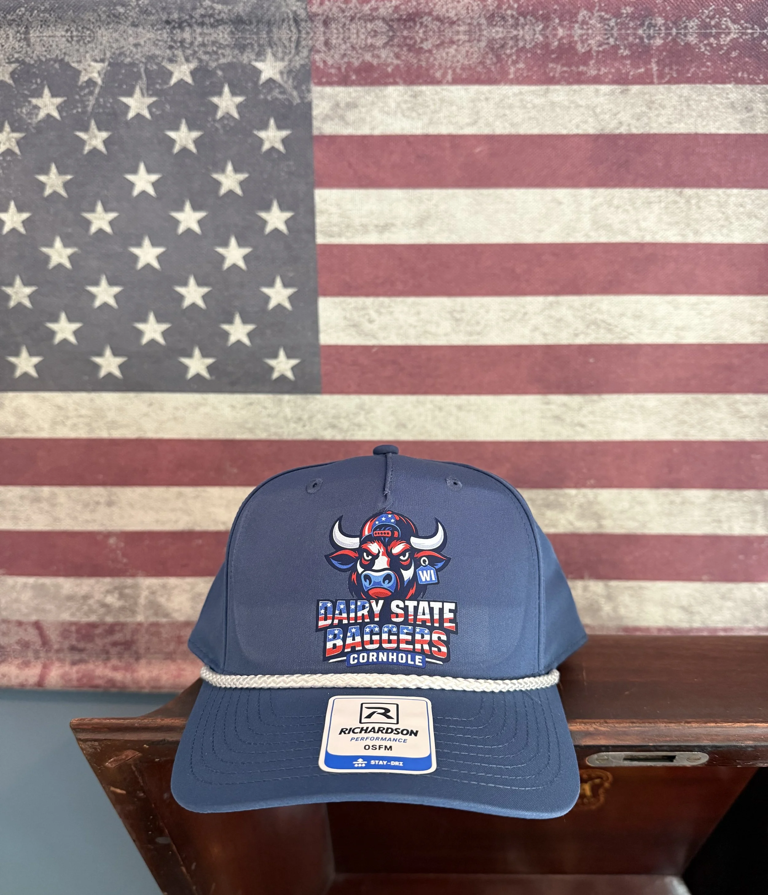 Dairy State Baggers Red, White and Bull Flag Hat with White Braid