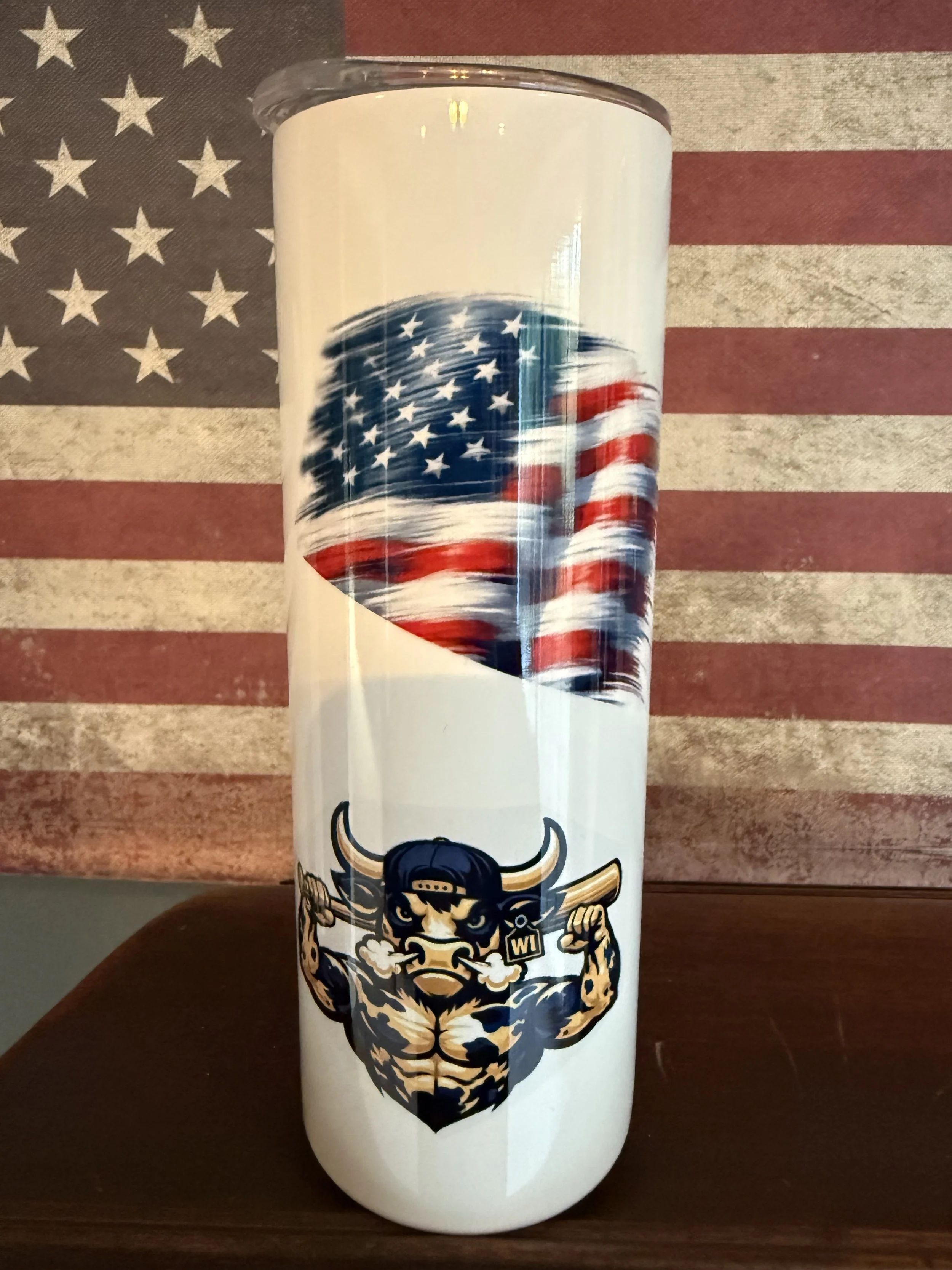 Navy Blue/Gold Dairy State Bagger Bull & American Flags Tumbler
