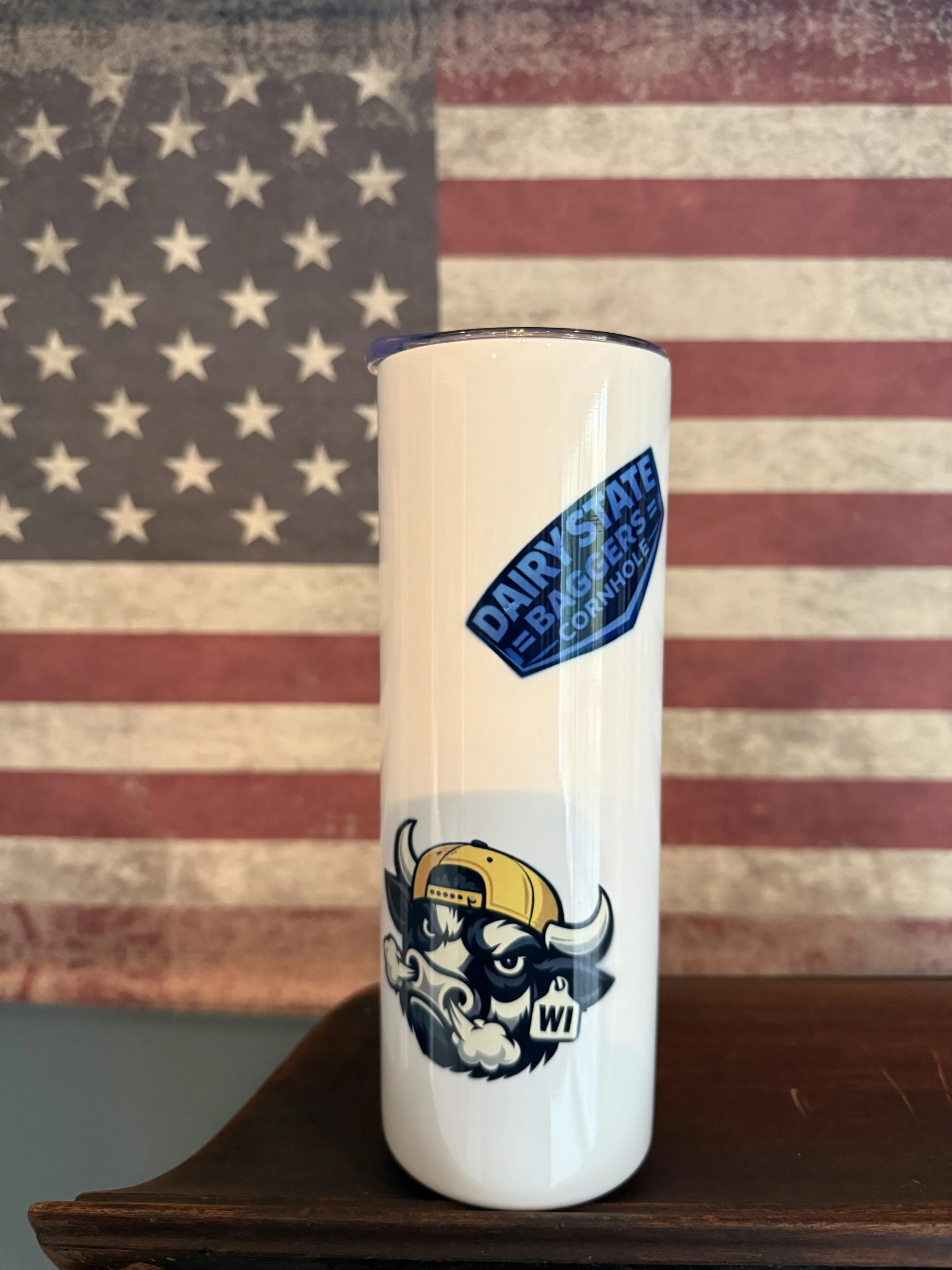Little Dairy State Bagger Bull, Blue Dairy State Bagger Logo, Navy Blue/Gold Bull, American Flag Tumbler
