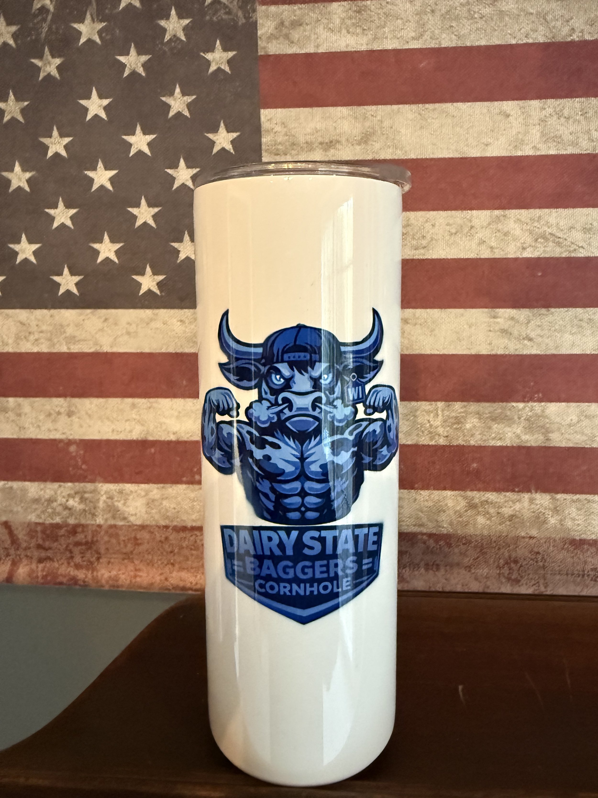 Blue Dairy State Bagger Bull & American Flag Tumbler