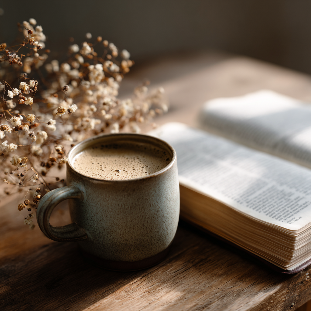 A ceramic mug filled with a frothy beverage, an open book, and a sprig of dried flowers on a wooden surface with soft natural lighting.