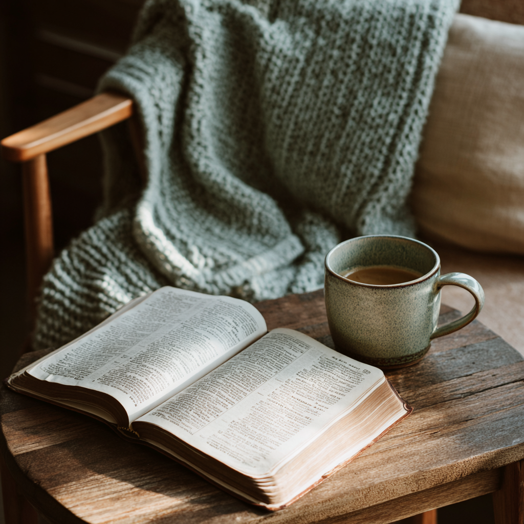 An open Bible and a cup of coffee on a rustic wooden table, with a cozy knit blanket draped over a chair in the background.