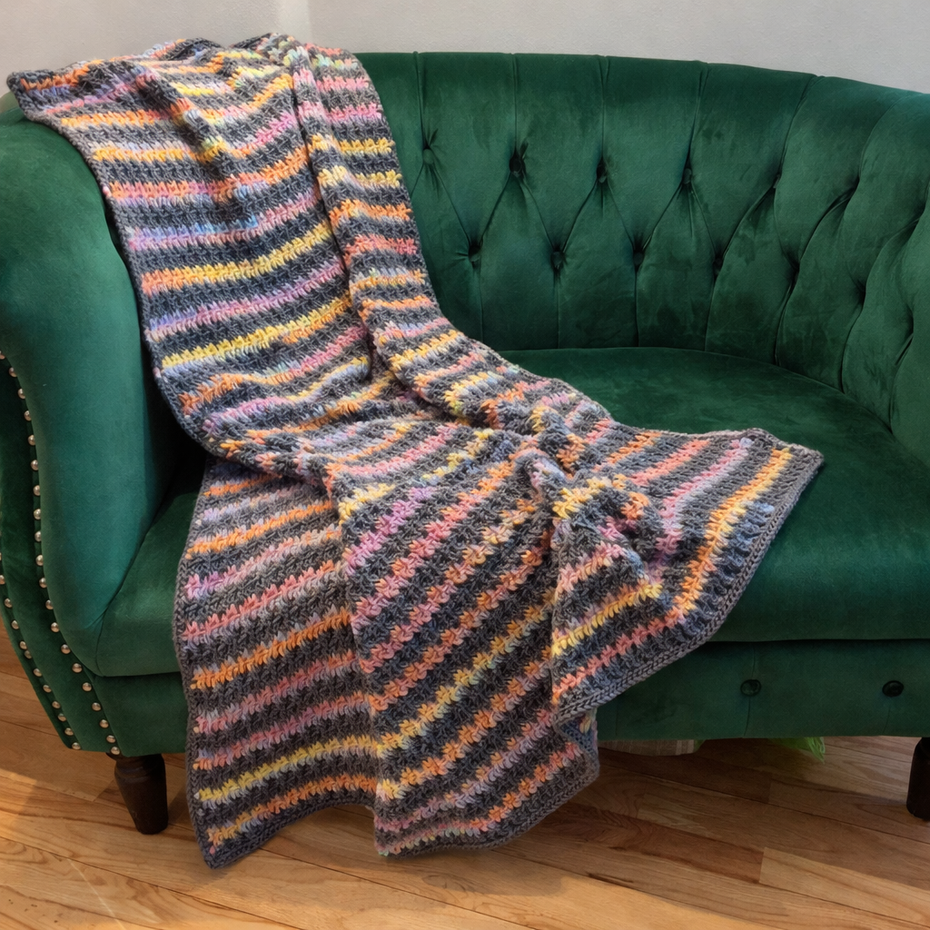 Charcoal Stripe Crochet Lap Blanket – 40x48 Throw