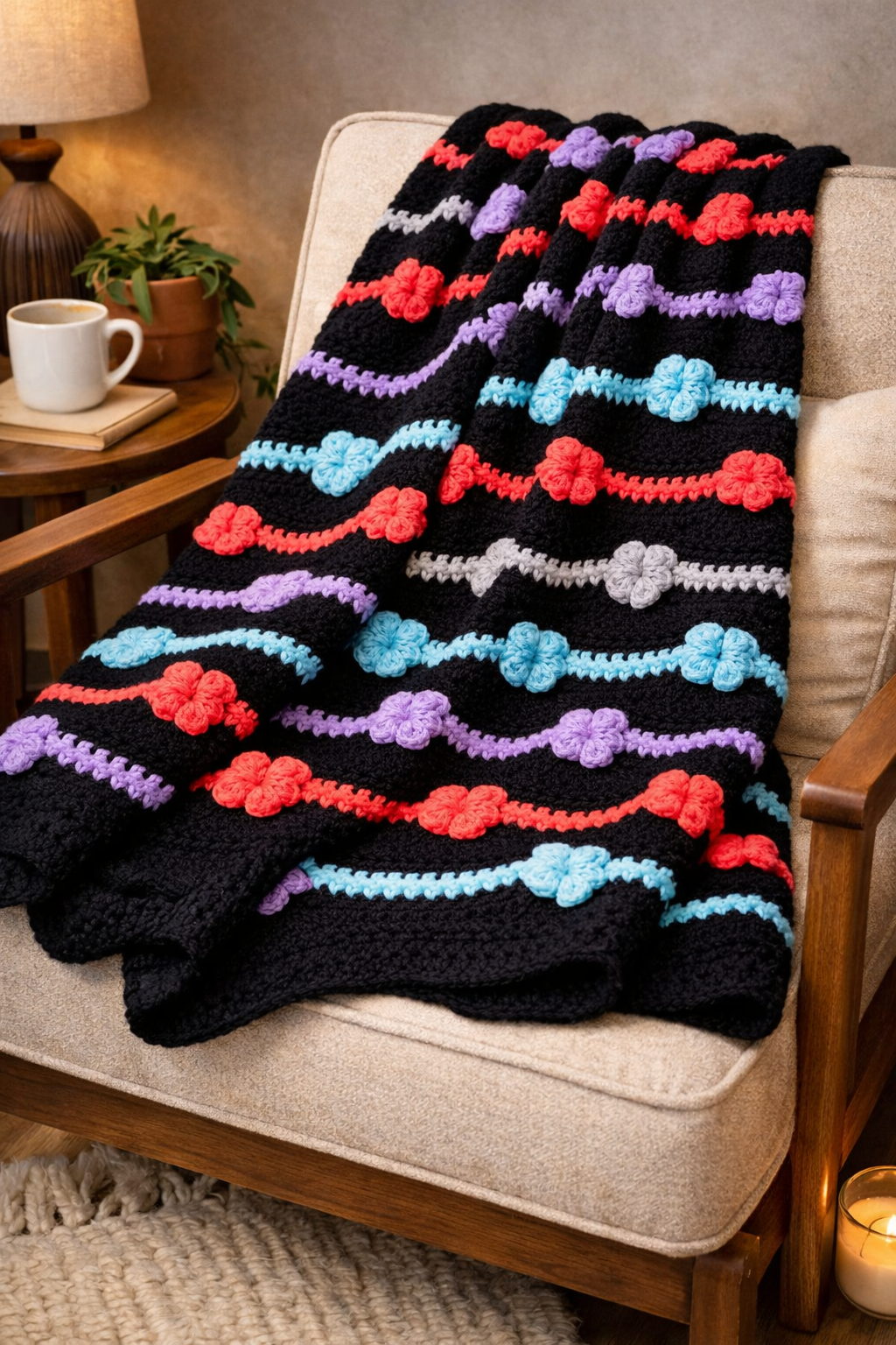 Neon Daisy Chain Crochet Blanket – 40×58 Throw