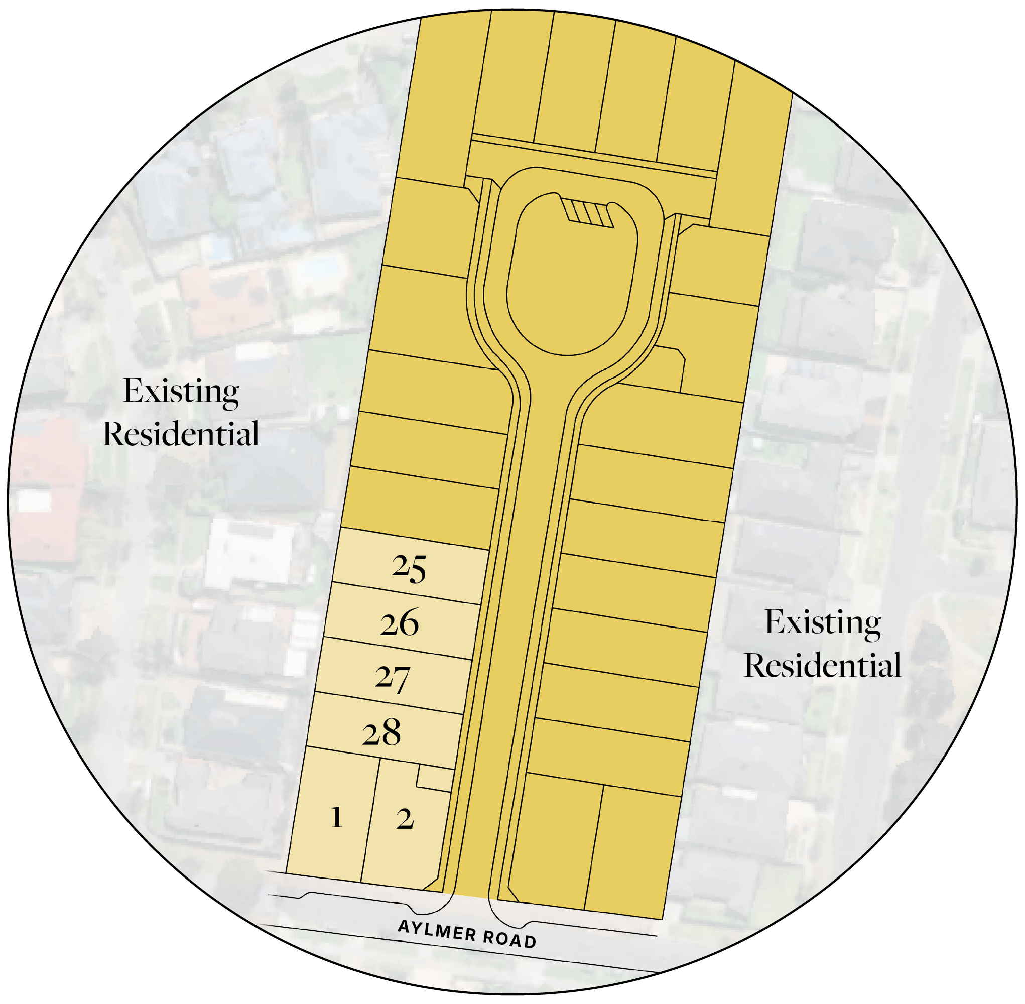 Eucara site plan showing new residential development with 28 new lots along Aylmer Road, existing residential areas on both sides, and a central road providing access to the lots.