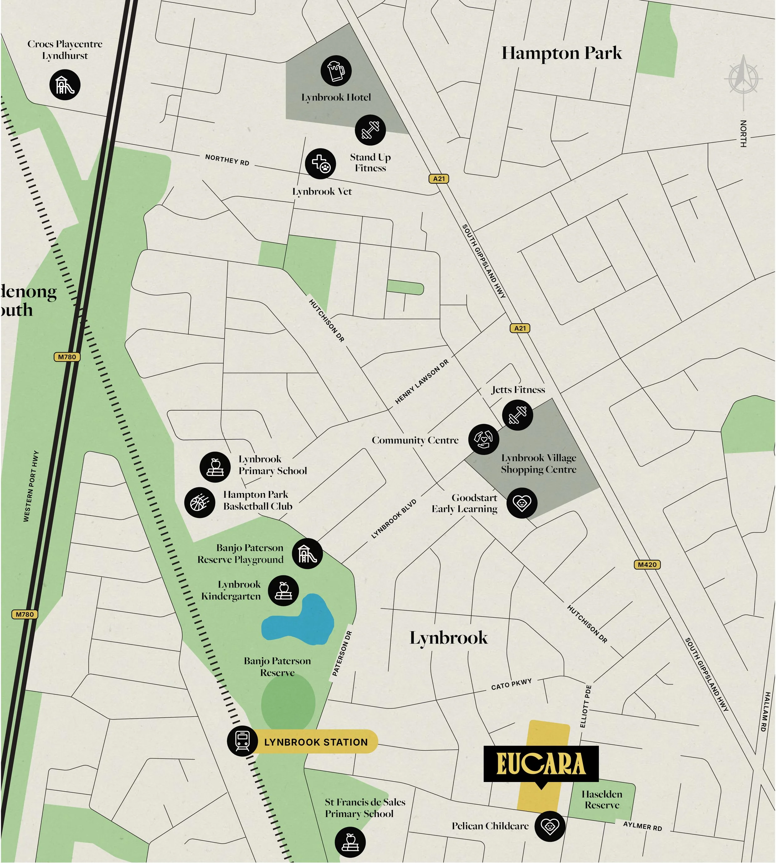 Map of Lynbrook area showing local landmarks, schools, parks, fitness centers, and transportation options.