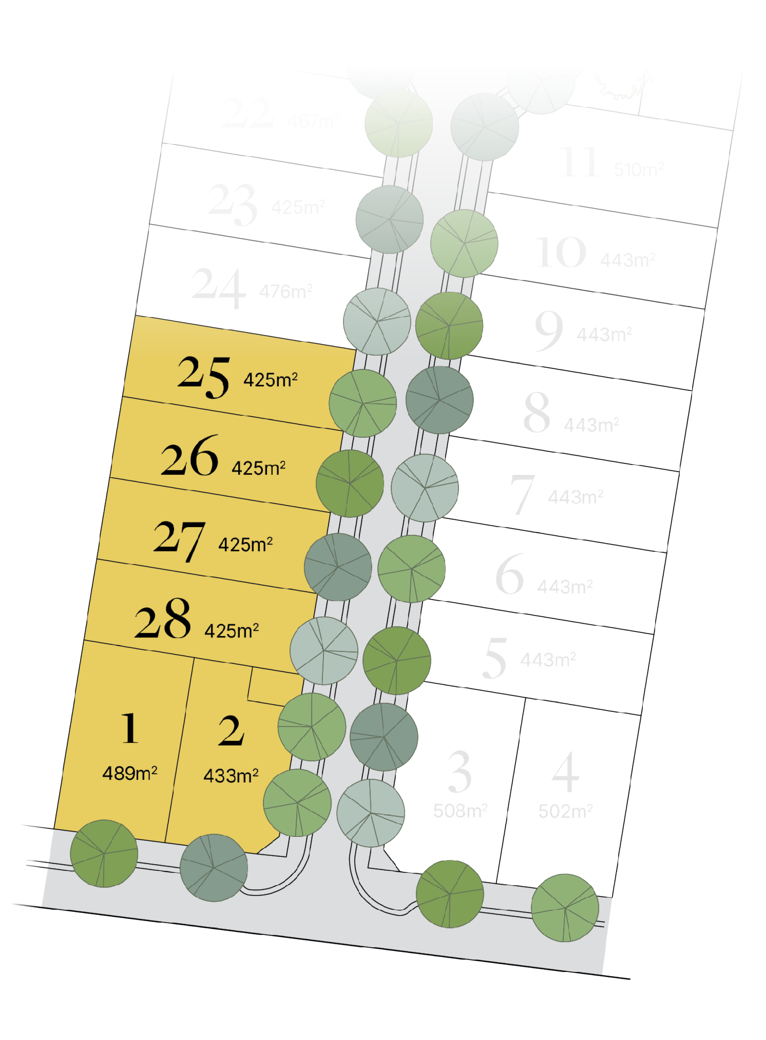 The Eucara First Bloom land release plan showing numbered lots with their respective areas in square meters, surrounded by trees and pathways.