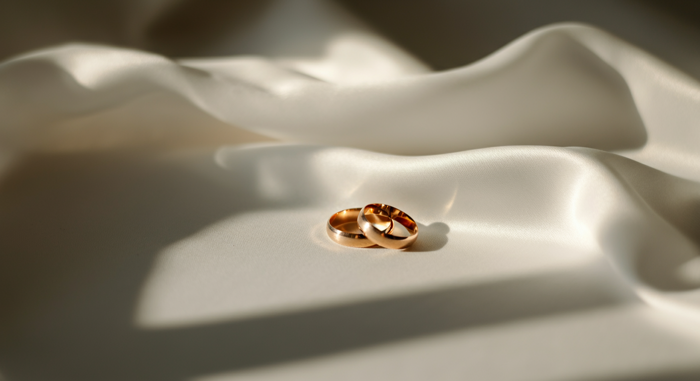 Two gold wedding rings placed on silky white fabric with soft shadows.
