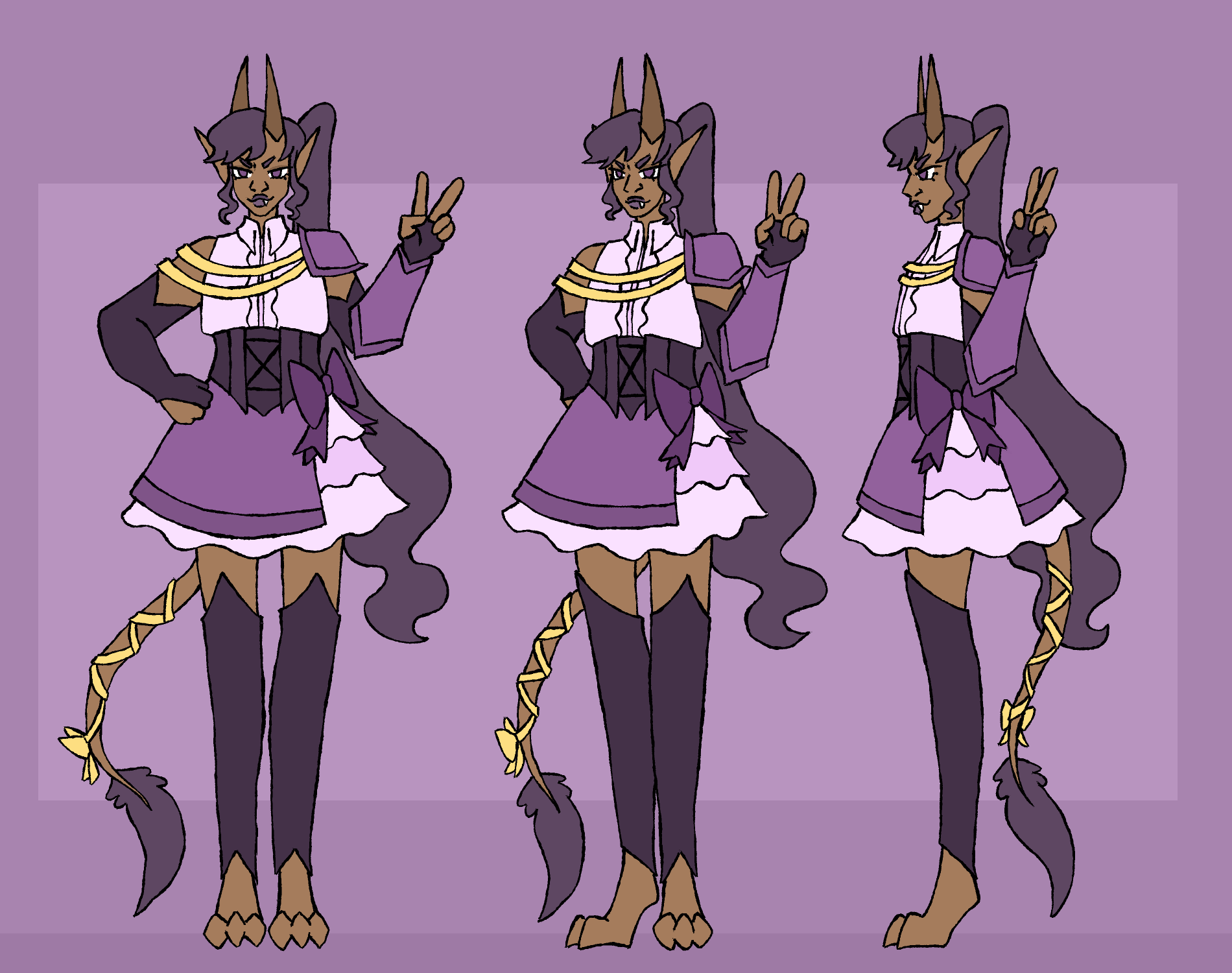 Violet - A magical girl inspired by archers and dps characters  in video games and ttrpgs. She wears an archery glove and arm brace inspired by actual archery gear and her silhouette is meant to mimic the shape of an arrow.