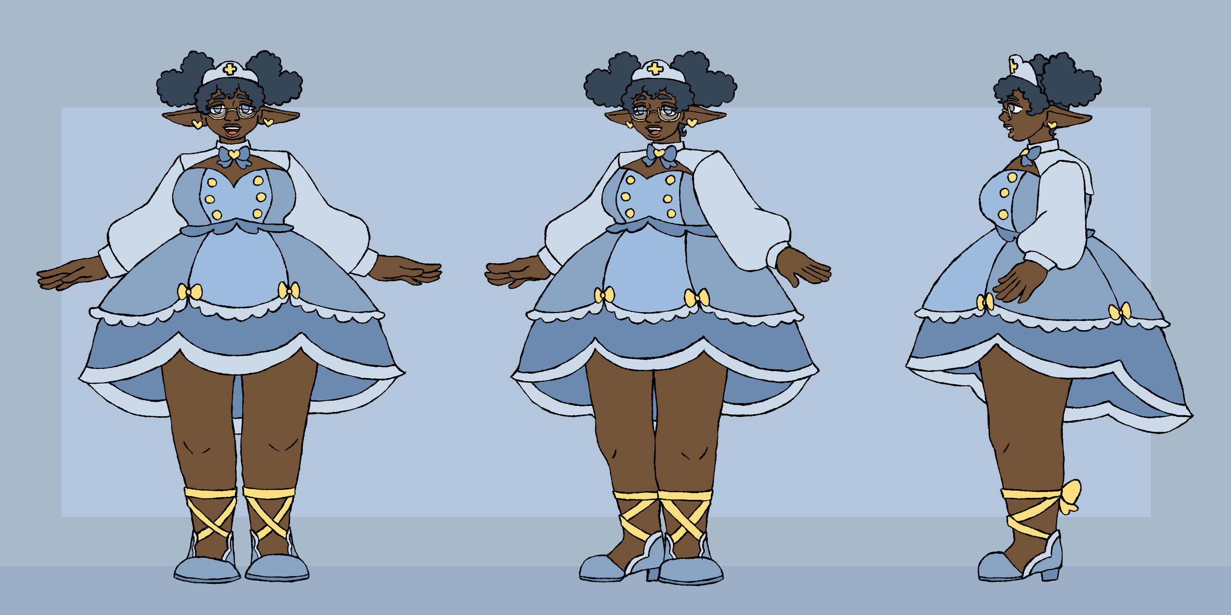 Saffie - A magical girl based on support type characters in video games and ttrpgs. Her dress and tiara are inspired by a nurse's uniform.