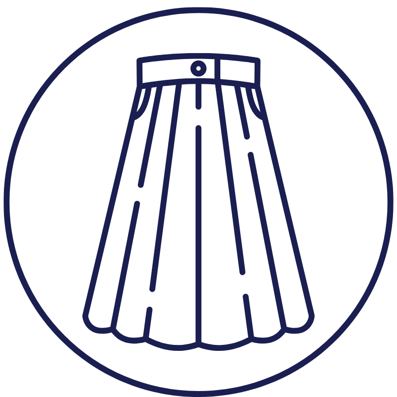 Icon of a pleated skirt with a waistband, in a minimalist outline style, inside a circular border
