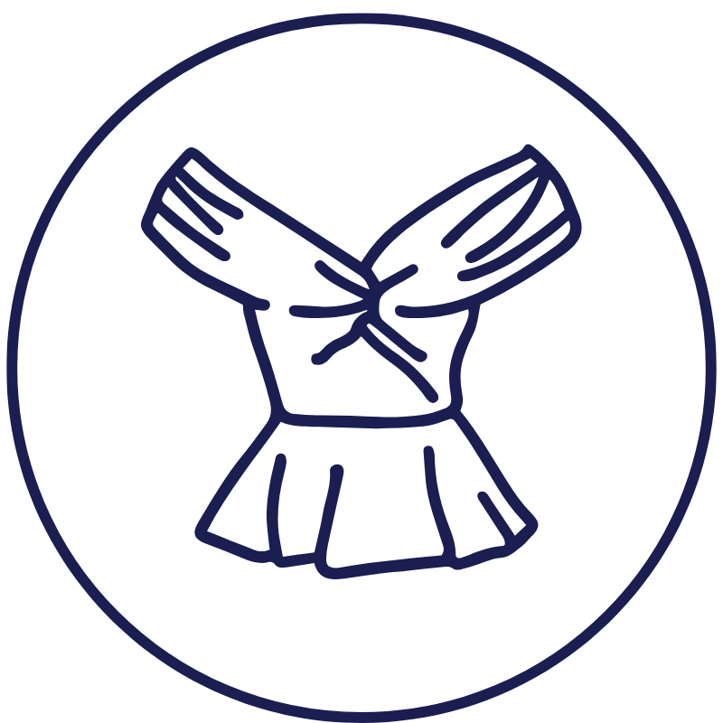 Outline of a woman wearing a top with long sleeves and a skirt inside a circle.