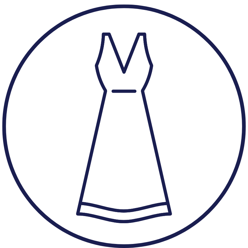 Outline of a woman wearing a dress with a V-neck, inside a circle.