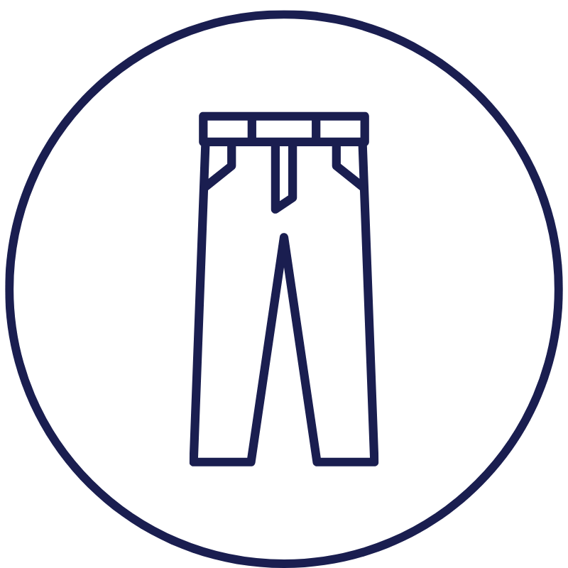 Outline drawing of pants inside a circle.