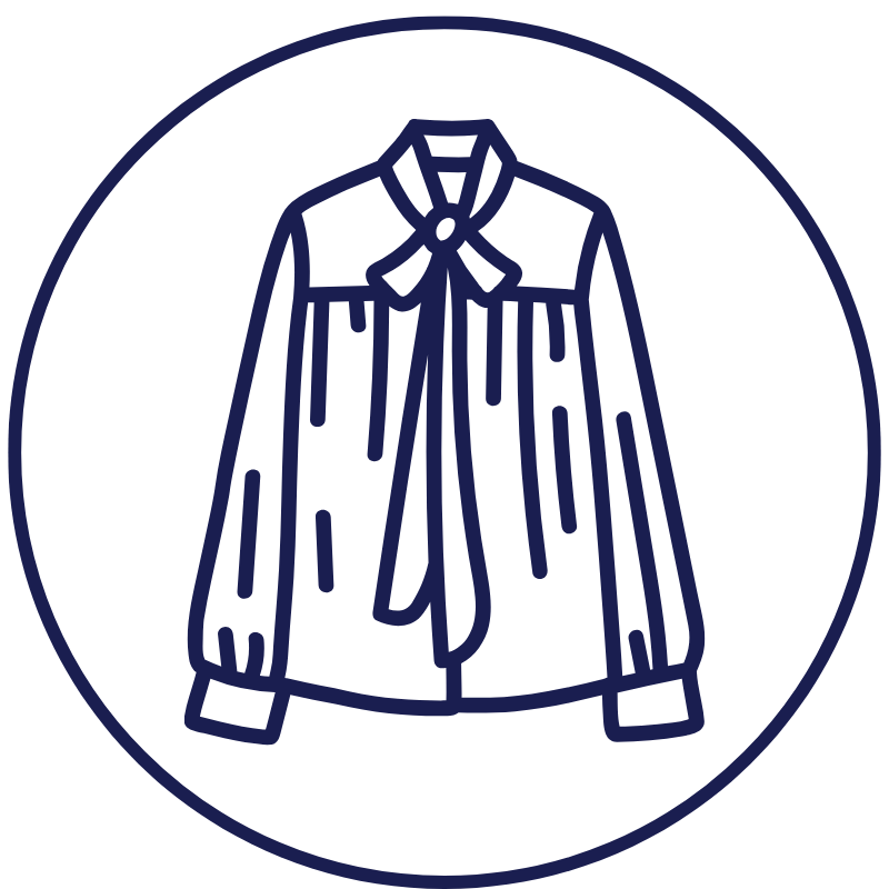 Outline of a long-sleeve blouse with a bow tie at the collar, inside a circle.