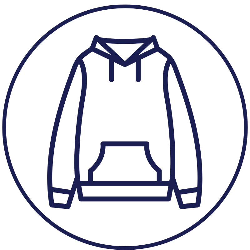 Line drawing of a hoodie sweatshirt with a front pocket, inside a circular border.