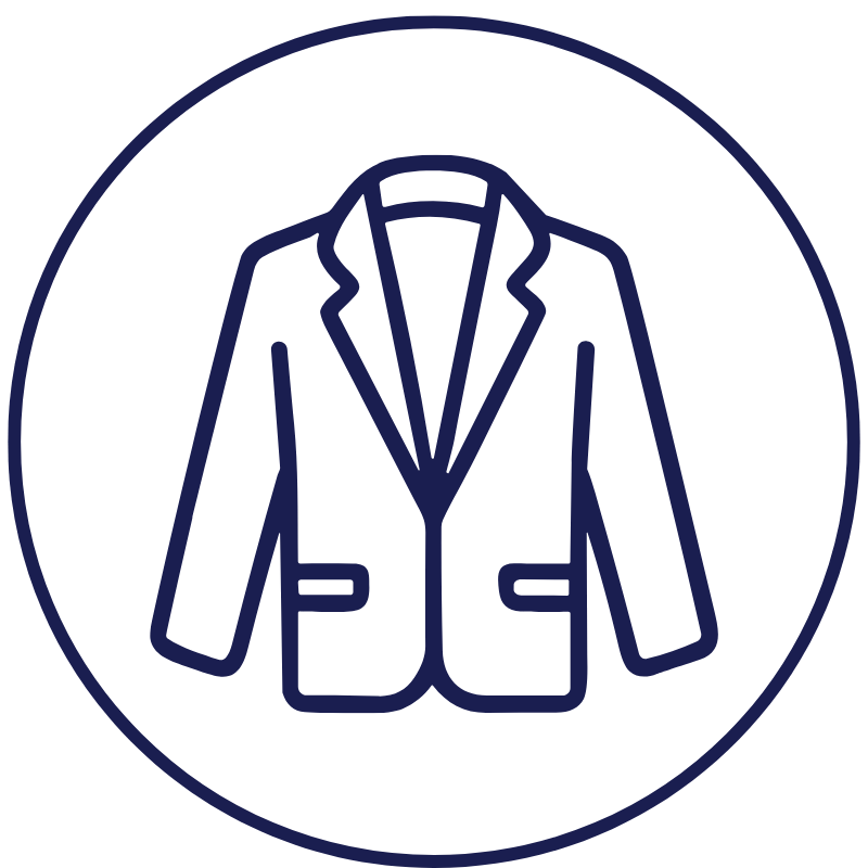 Line drawing of a suit jacket inside a circle.