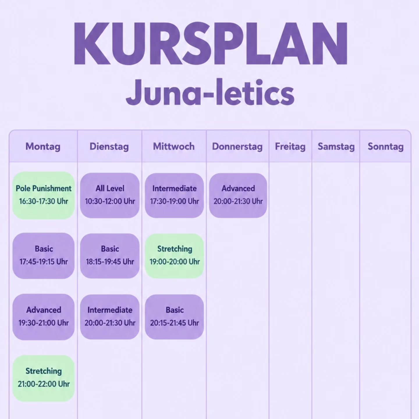 Unser aktueller Kursplan, von Basic bis Streching ist alles dabei 😍 

#poledaninspiration #poledancewolfern #Probetraining #schedule #kursplan