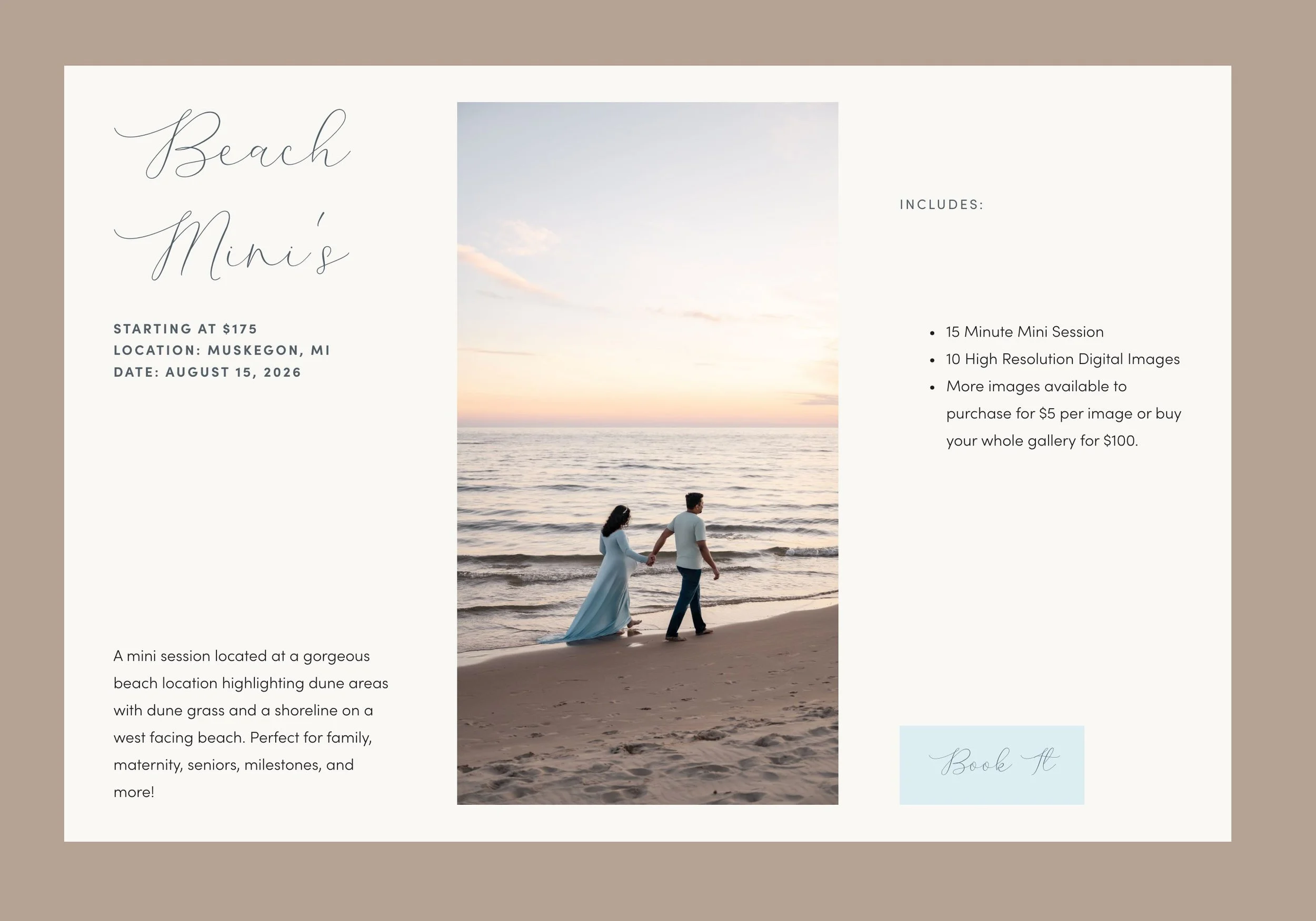 Beach minis are coming up this weekend! There are still spots available if you are looking to last minute capture a beach session before school starts. 
Book it here or link in bio 👉 https://www.wildivyimages.com/2026minisessions/