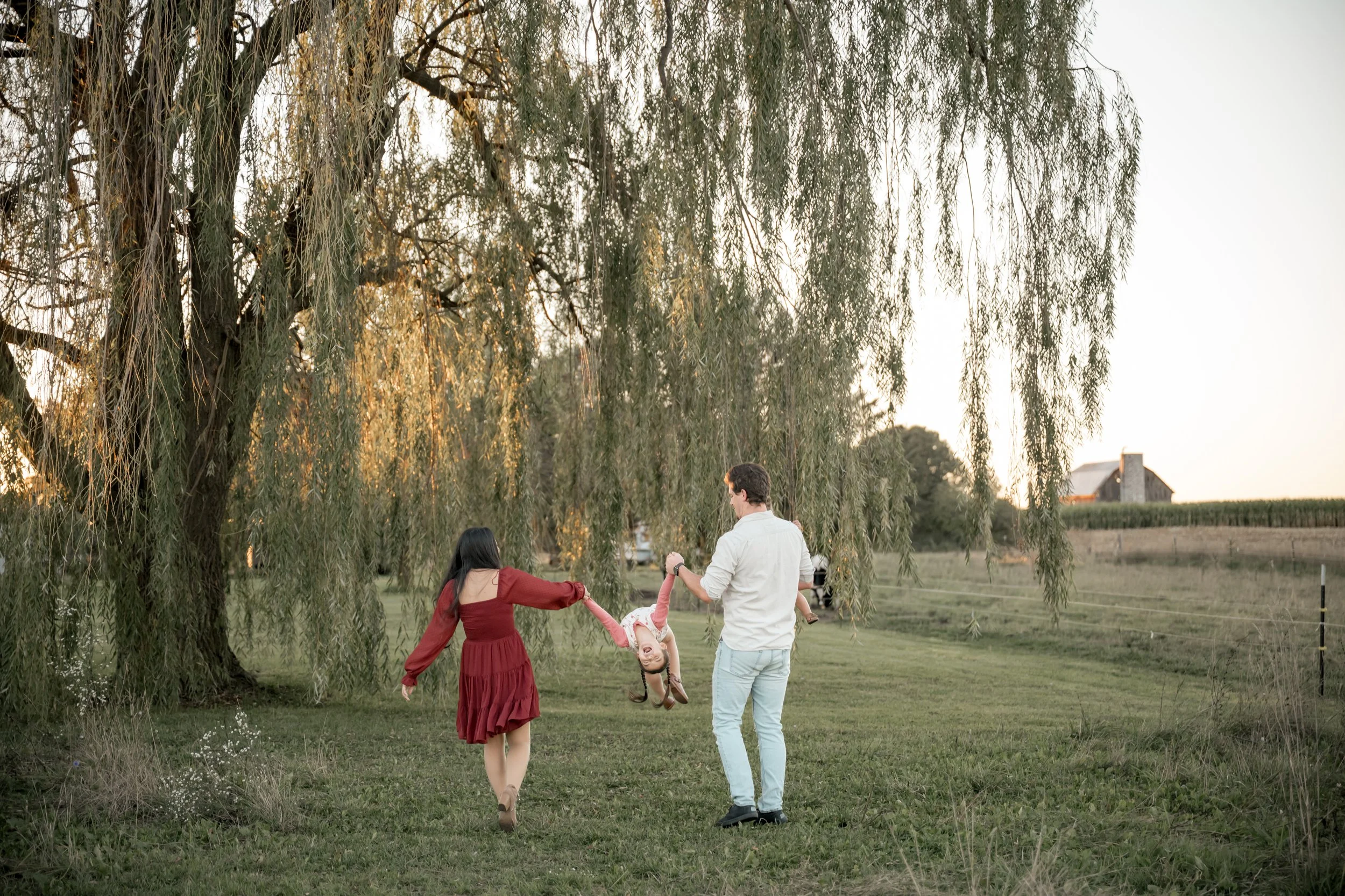 Family walking and playing with their daughter in West Michigan in front of a willow tree.