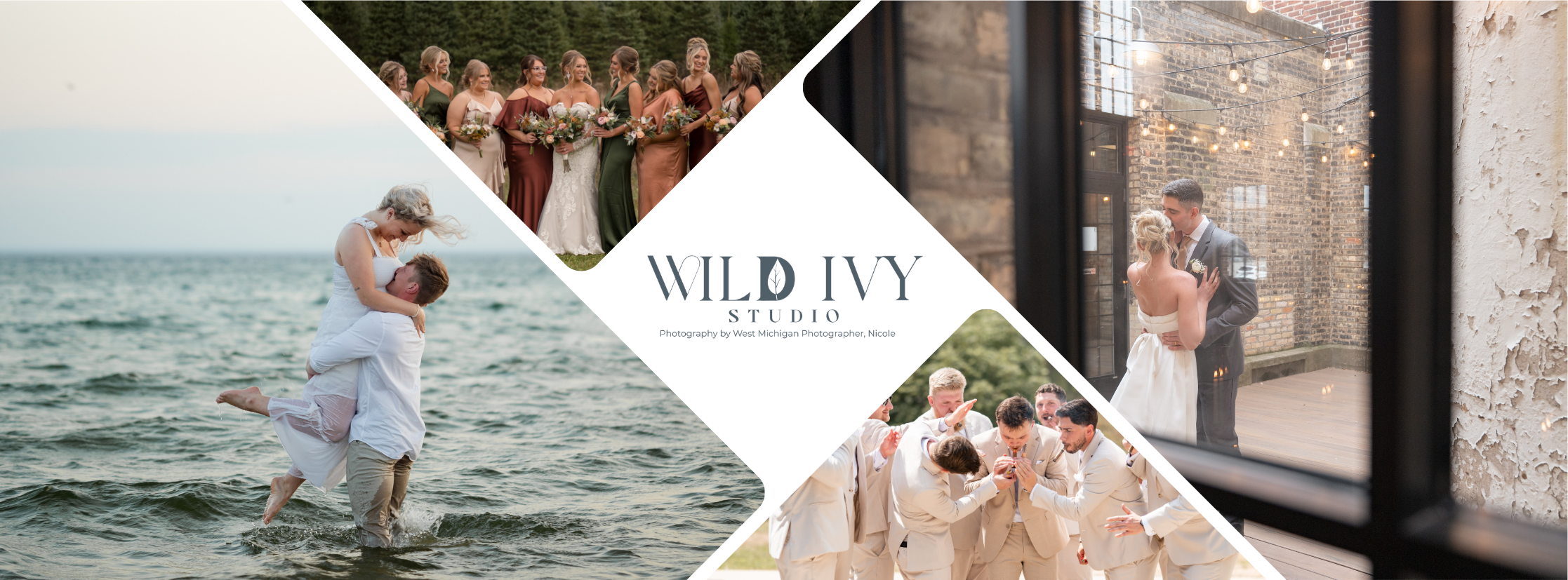 Collage of wedding photos including couples' portraits, a wedding party, and a couple by the water.