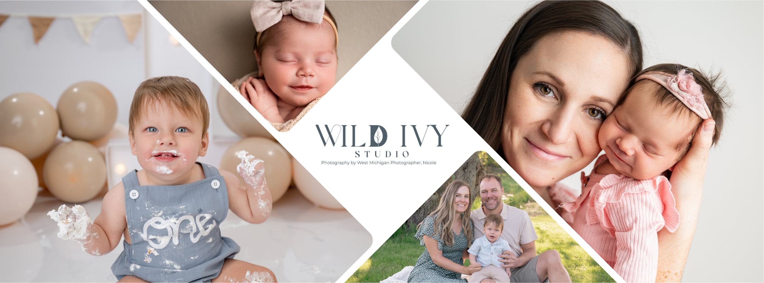 Collage of family and baby photos featuring a mother and her children with a logo for Wild Ivy Studio in the center.