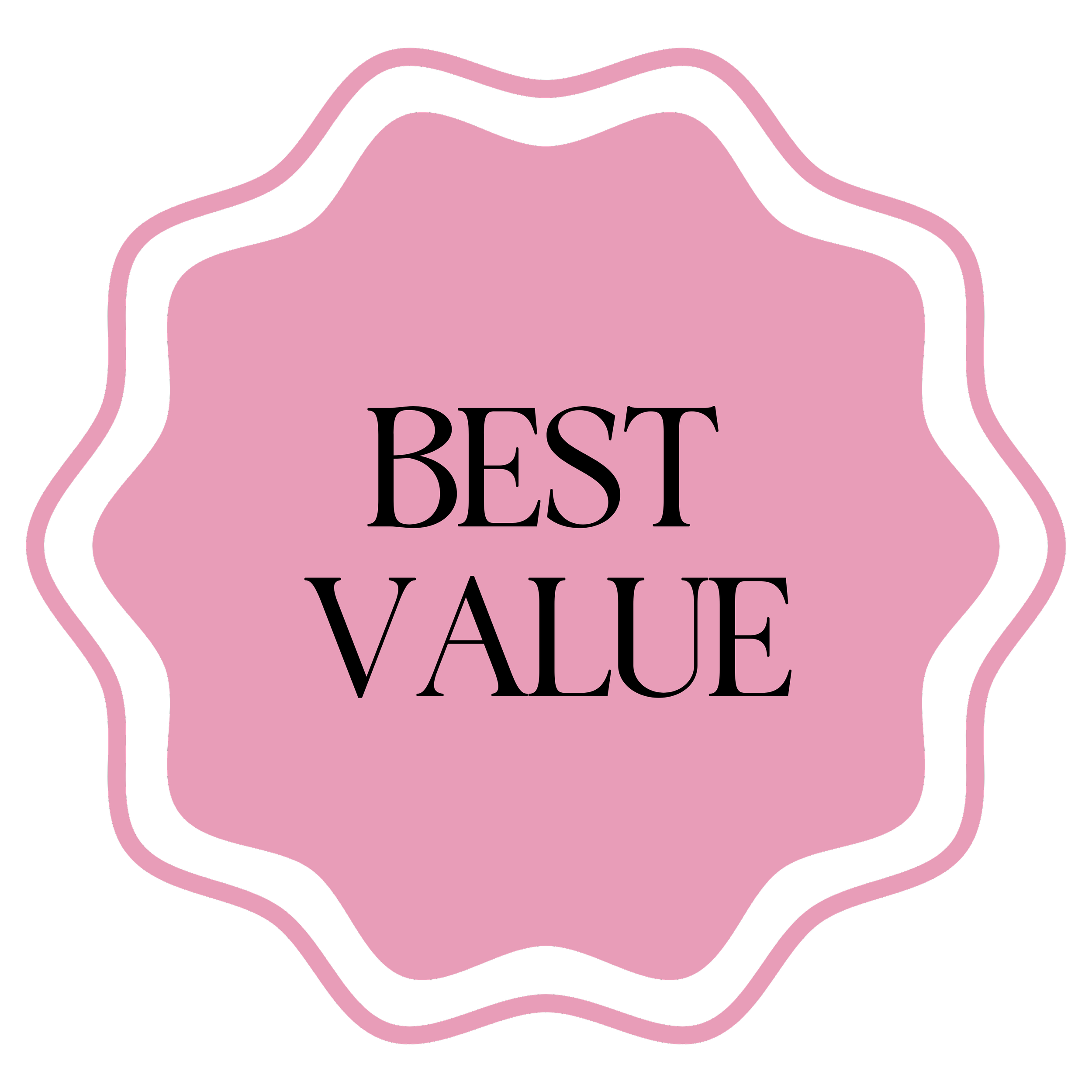 Pink badge with black outline and black text that reads "Best Value."
