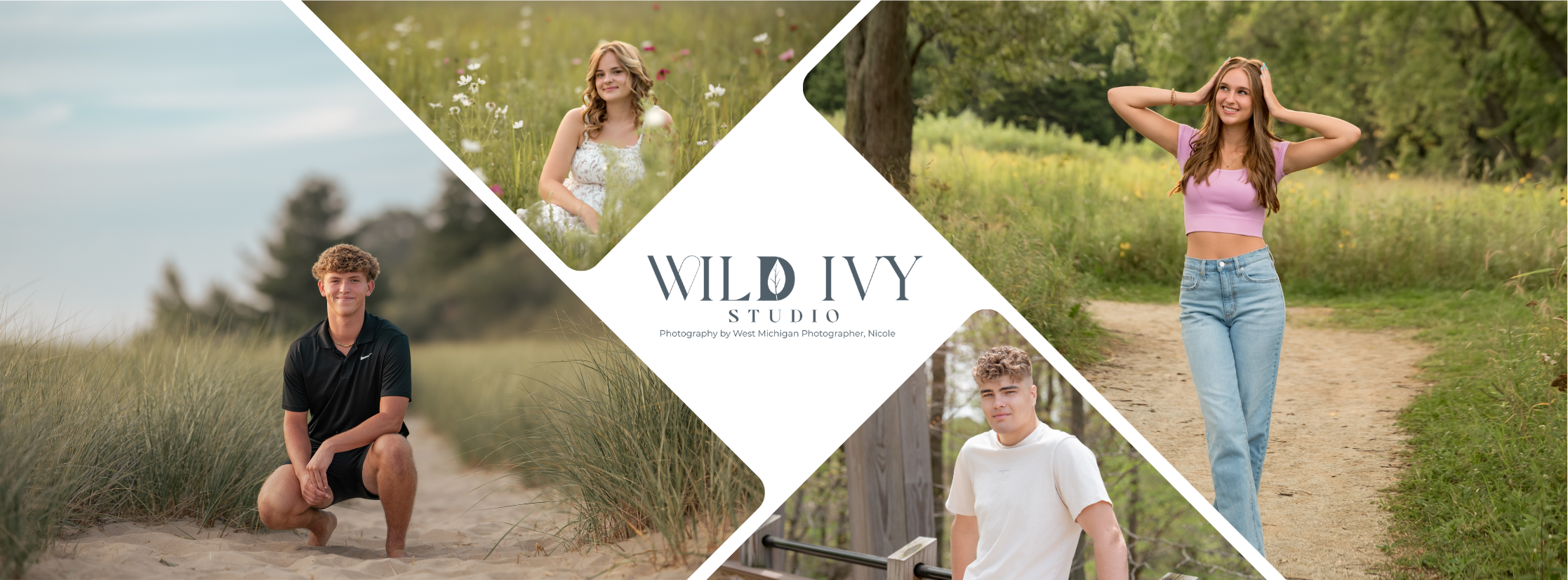 Collage of four young people outdoors: a young man crouching on a sandy trail, a young woman sitting among wildflowers, tall grass in the background; a young woman standing on a dirt path with her hands in her hair, smiling; a young man leaning on a wooden fence, looking at the camera.