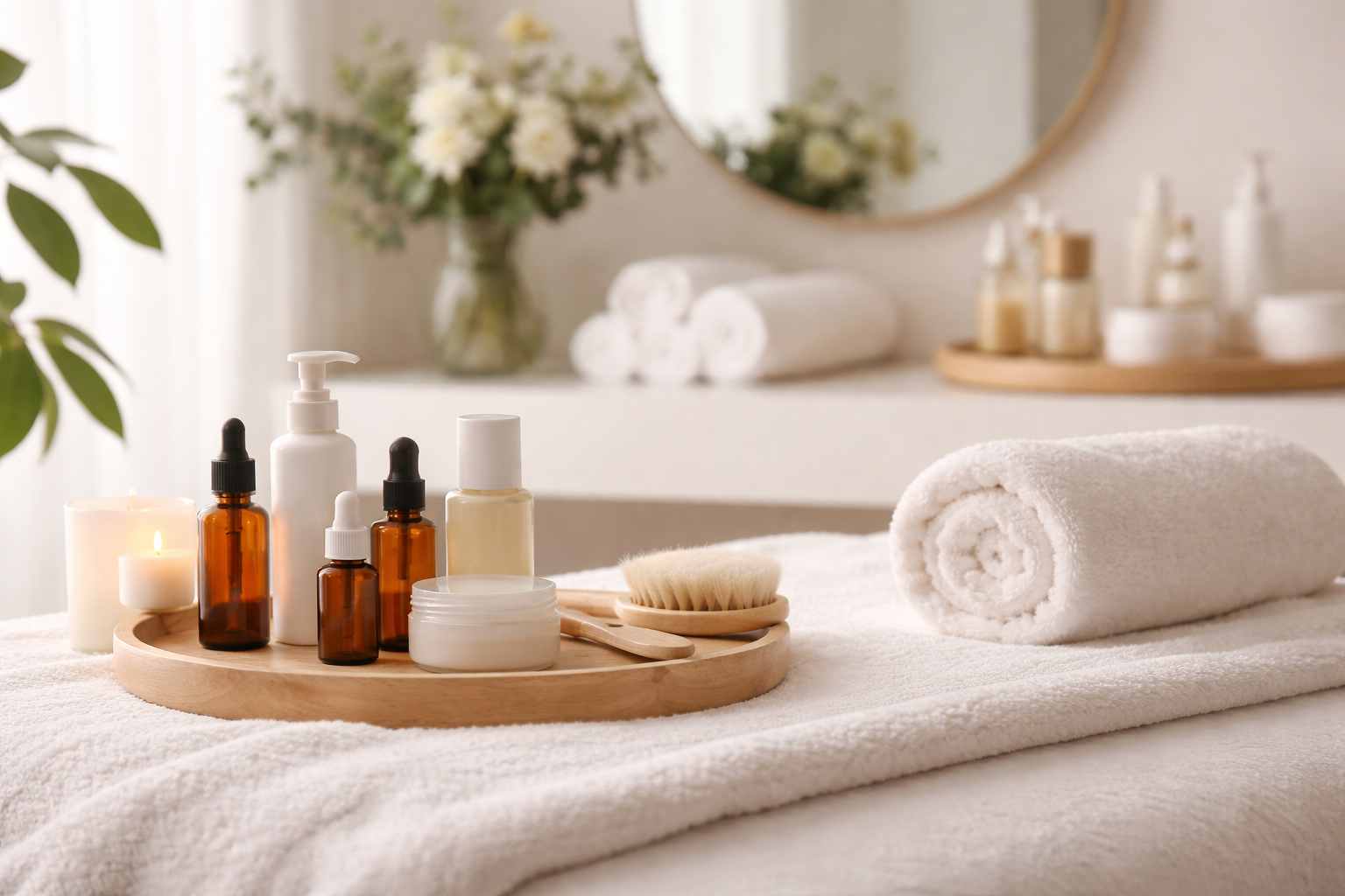 Spa skincare products arranged on a treatment table