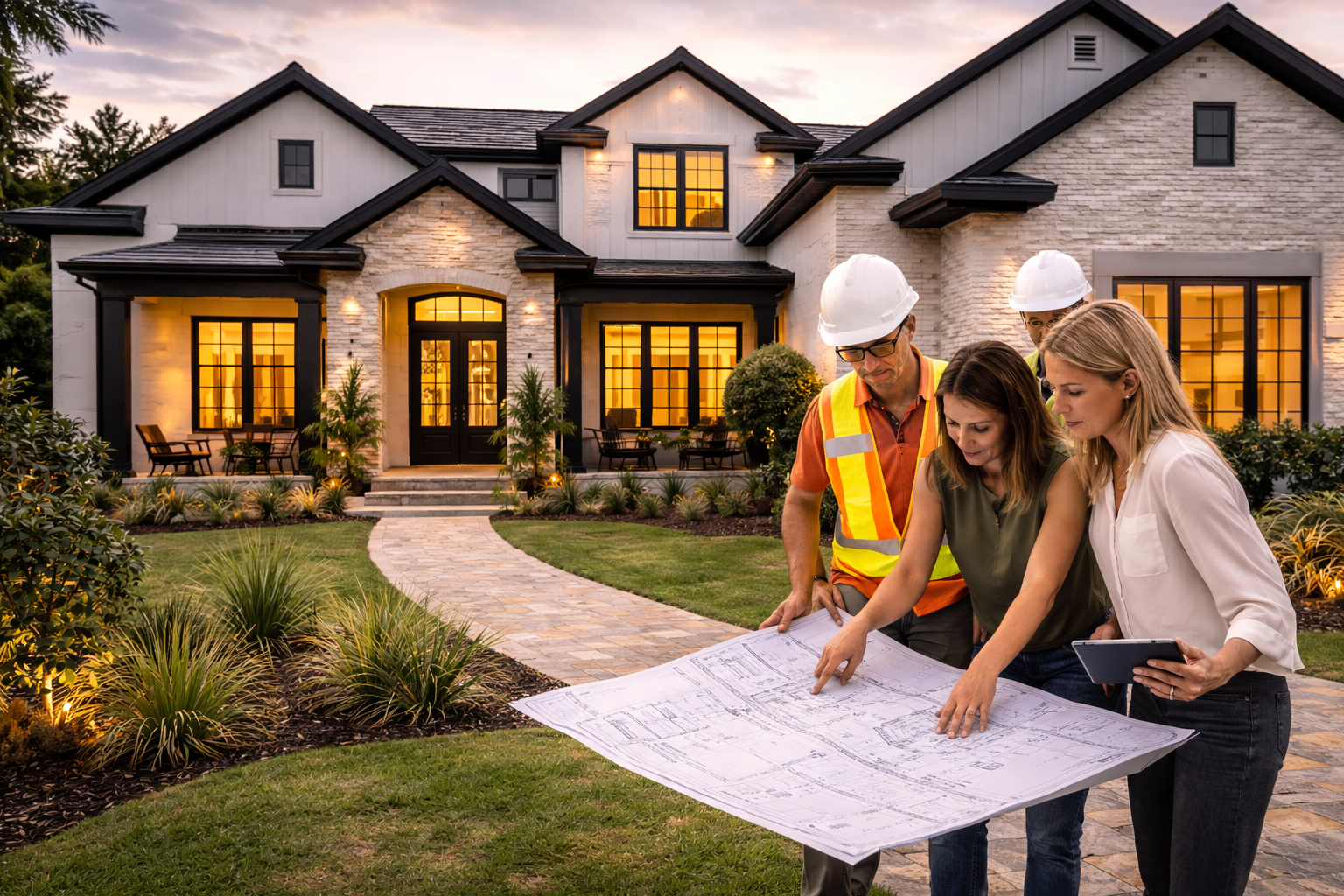 A team of architects and construction workers reviewing blueprints in front of a large, modern house at sunset.