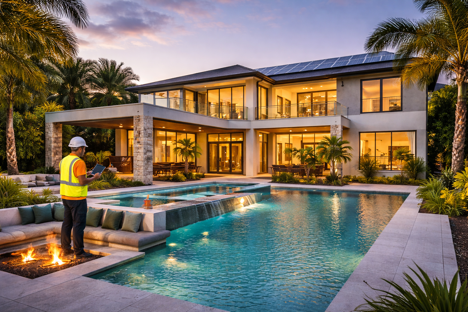 A modern two-story house with large glass windows and balconies, surrounded by palm trees, at dusk. In the foreground, a person wearing a safety vest and hard hat is inspecting a backyard pool area with lounge seating and a small fire pit.