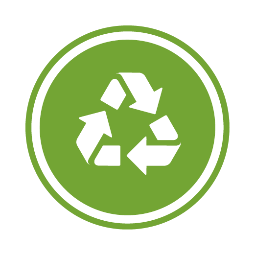 Green circular recycling symbol with white arrows forming a triangle.