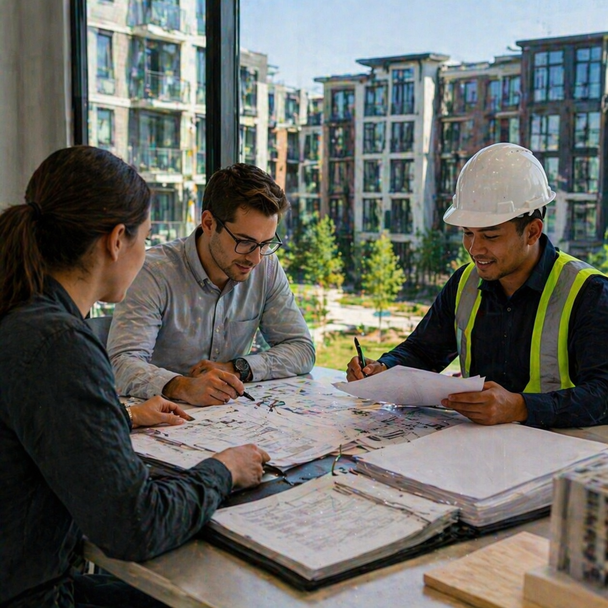 Three people sitting at a table with architectural plans and drawings, discussing construction or urban development, with a large window showing a modern residential building complex outside.