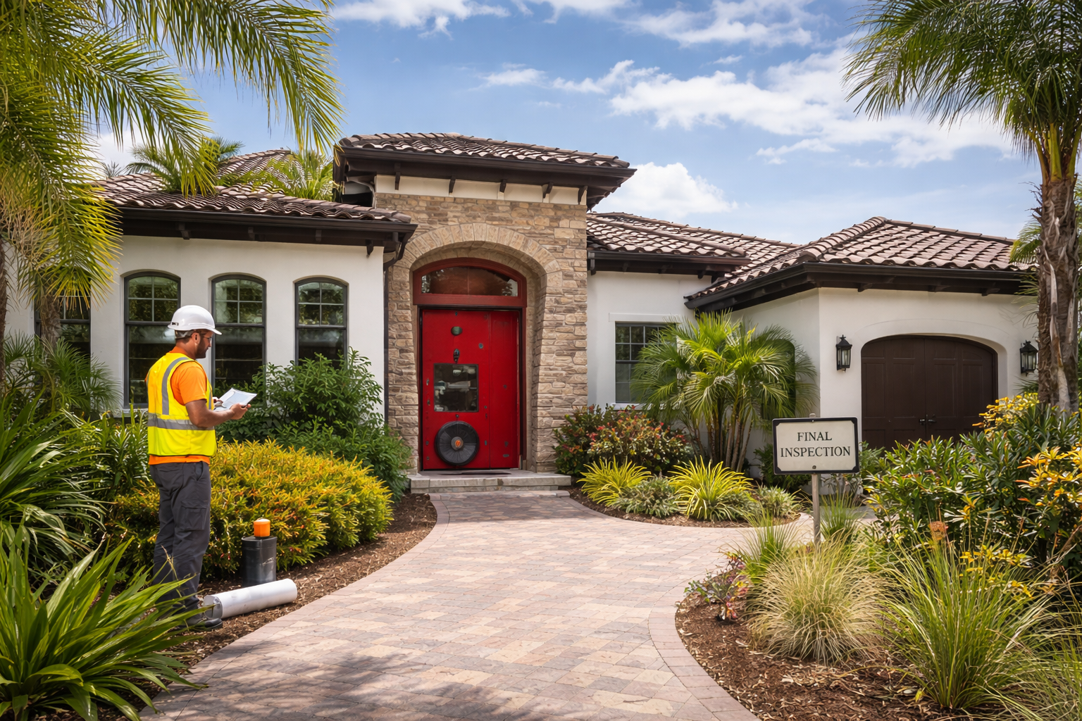 A construction inspector in a yellow safety vest and hard hat standing outside a house, reading a checklist or notes. The house has a stone and stucco exterior, a red front door, and a landscaped front yard with various plants. There is a sign that says "Final Inspection" near the walkway.